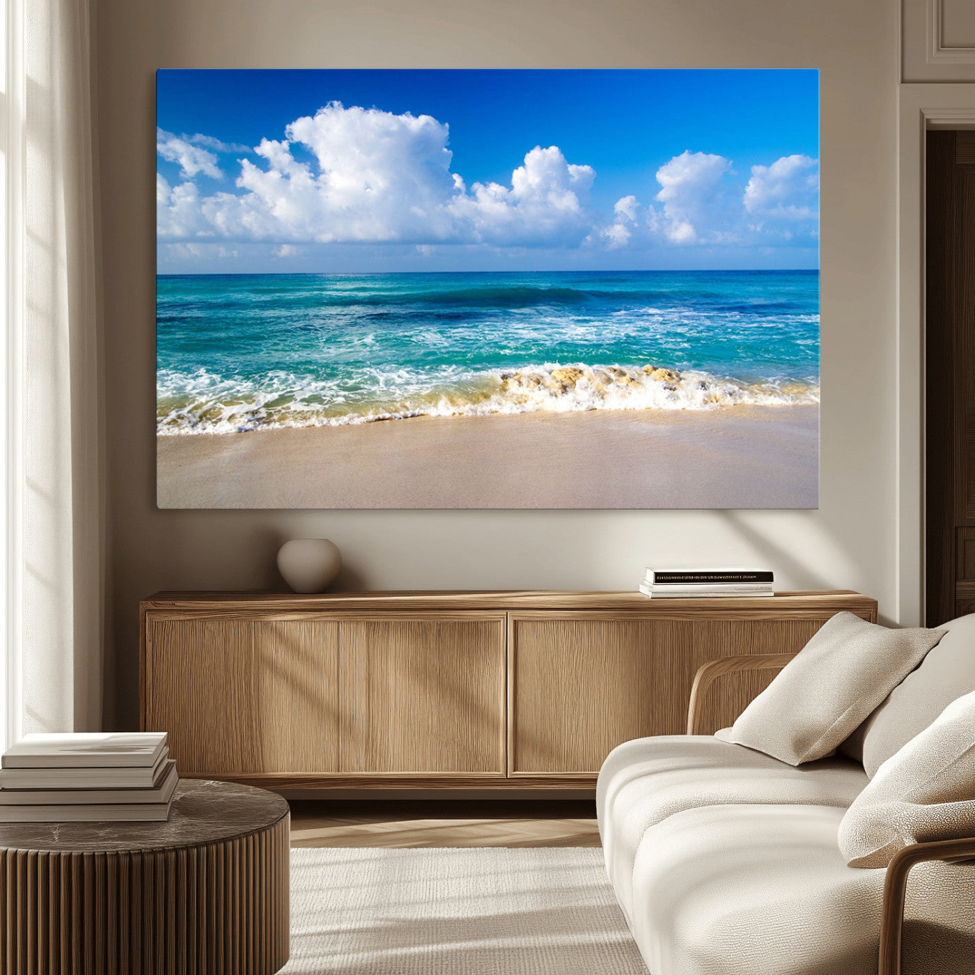 MGV-CV-36X24 - Tropical Beach 3-Panel Canvas Wall Art – Serene Ocean Waves and Blue Sky Wall Art Print