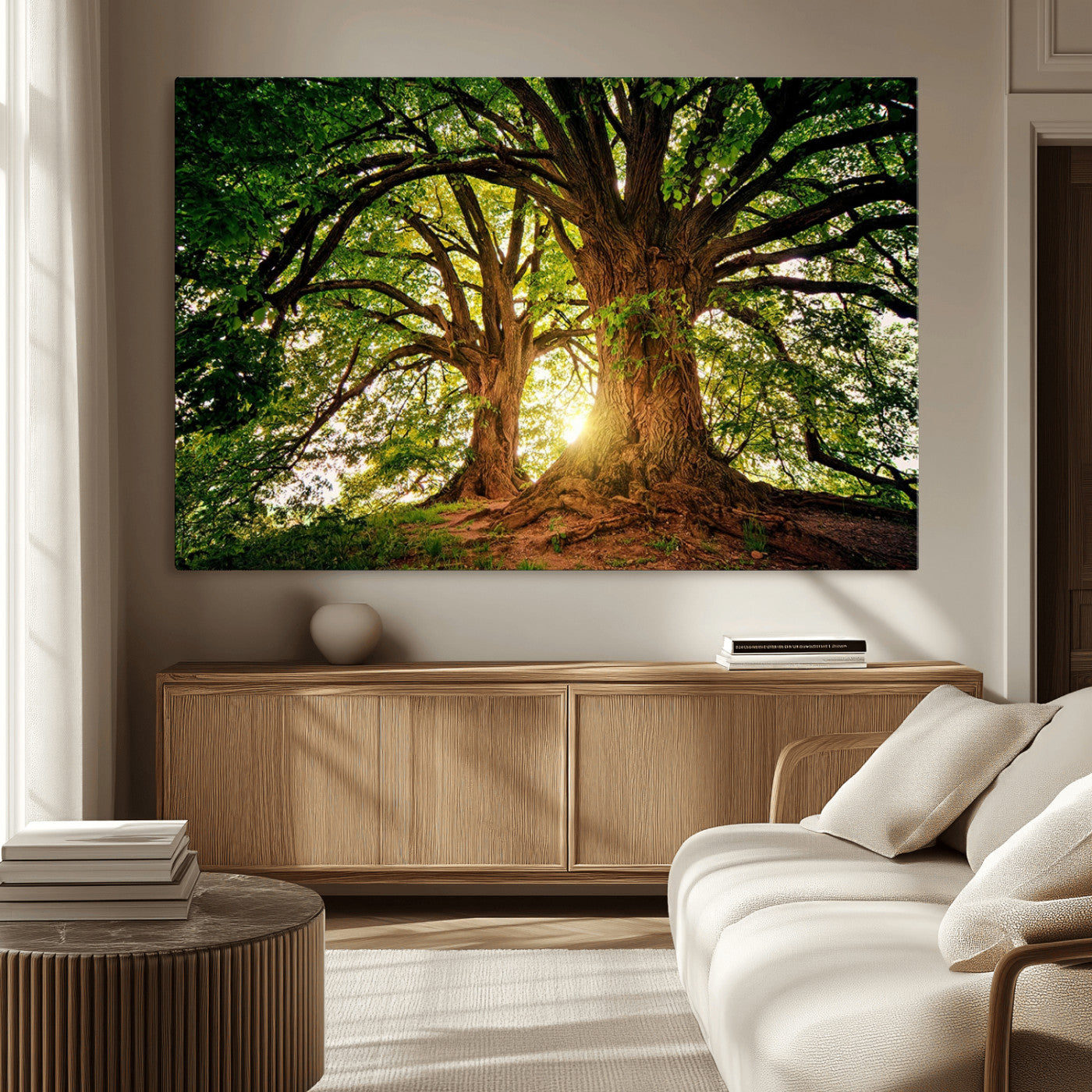 MGV-CV-36X24 - Majestic Ancient Tree Wall Art, NatureCanvas Print, Woodland Art, Tree of Life Artwork, Sunlit