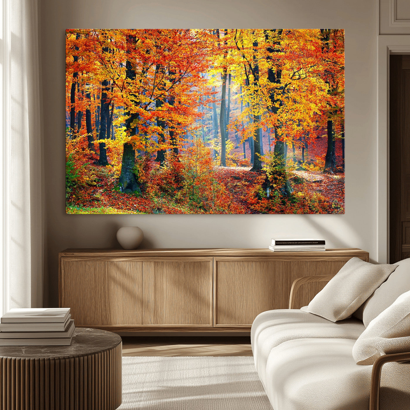 MGV-CV-36X24 - Autumn Red Forest Triptych Canvas Wall Art Print, Forest Wall Decor, Fall Landscape Art | Season