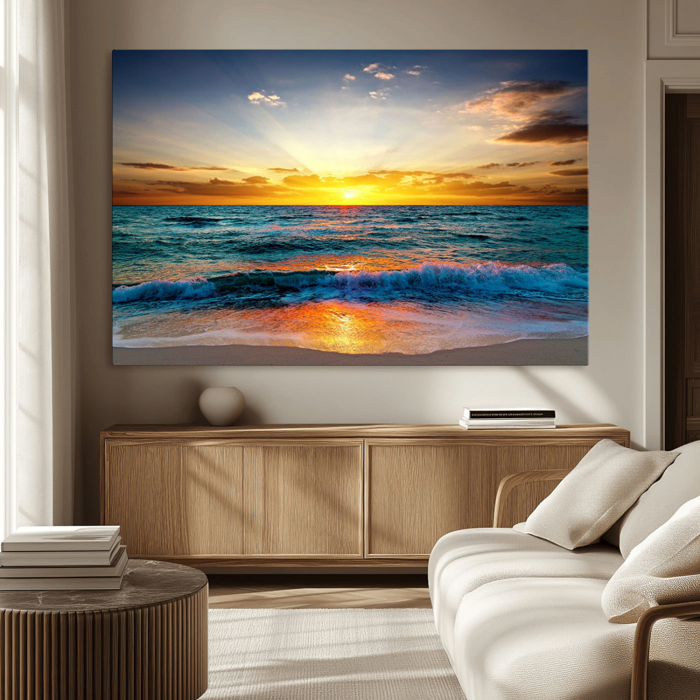 MGV-CV-36X24 - Vibrant Ocean Sunrise Over Golden Beach Waves, Giclee Canvas Wall Art Set, High-Quality Stretched