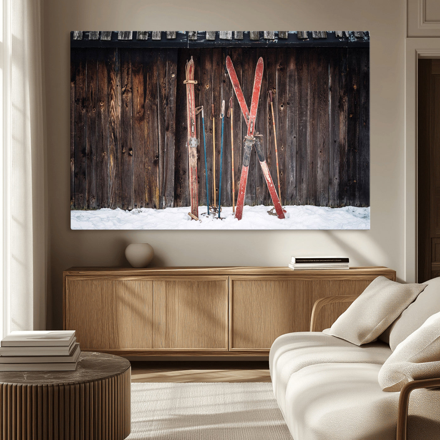MGV-CV-36X24 - Vintage Ski Gear Canvas Print, Vintage Ski Gear Against Wooden Cabin Wall, Rustic Winter Sports