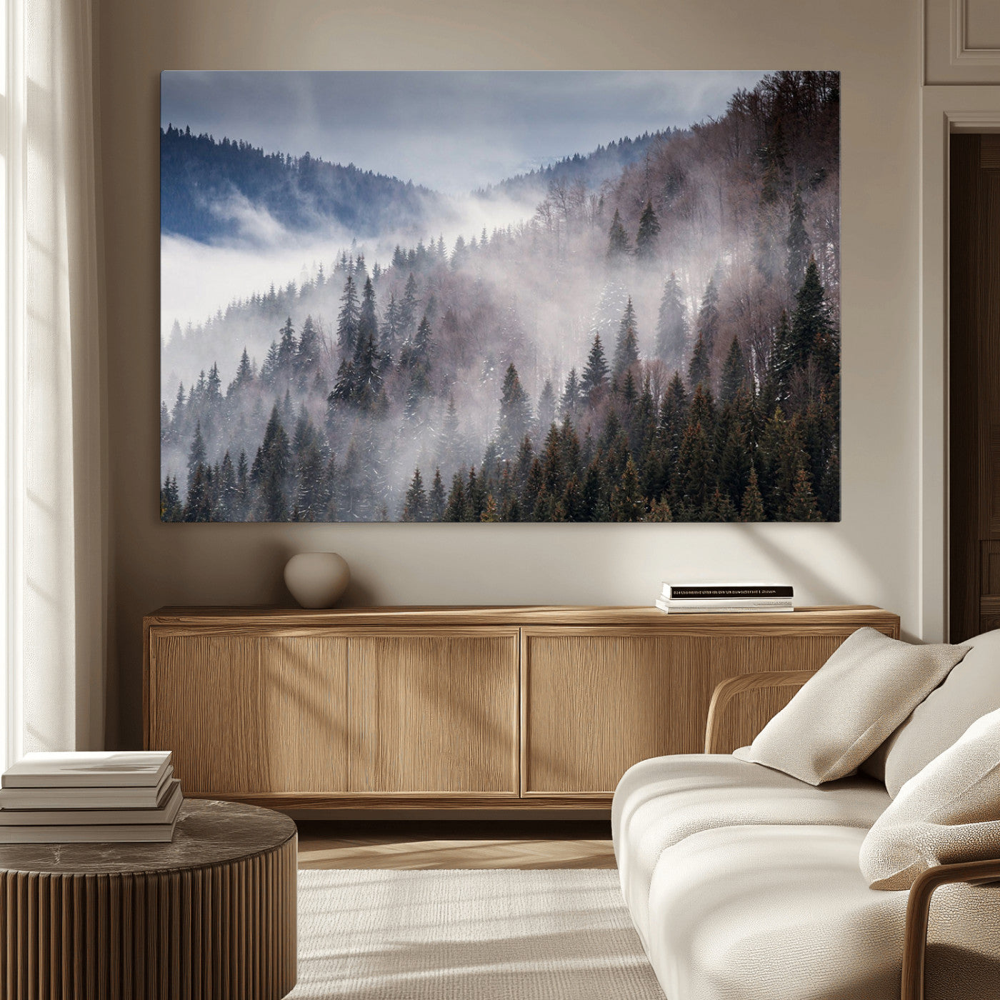 MGV-CV-36X24 - Beautiful Rising Fog in Winter Mountain Landscape- Framed Rising Fog in Winter Mountain Canvas