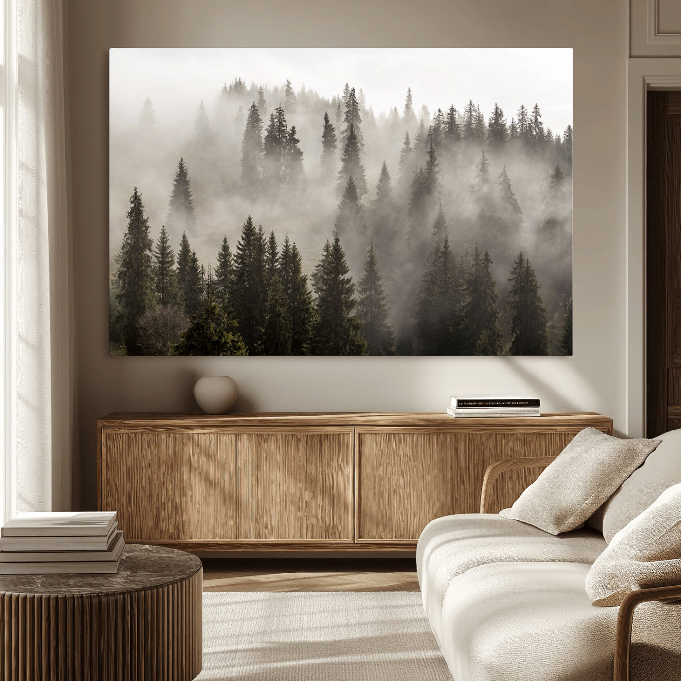 MGV-CV-36X24 - Foggy Mountain Wall Art | 3-Panel Foggy Forest and Mountain Landscape | Large Giclee Print for