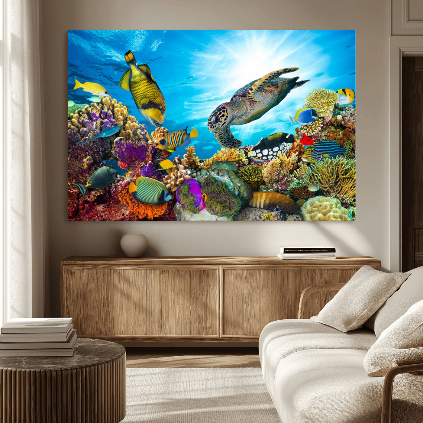 MGV-CV-36X24 - Sea Turtle Coral Reef Wall Art Print – Colorful Underwater Canvas Print – Tropical Ocean Marine Life Artwork – Perfect for Coastal Home Decor