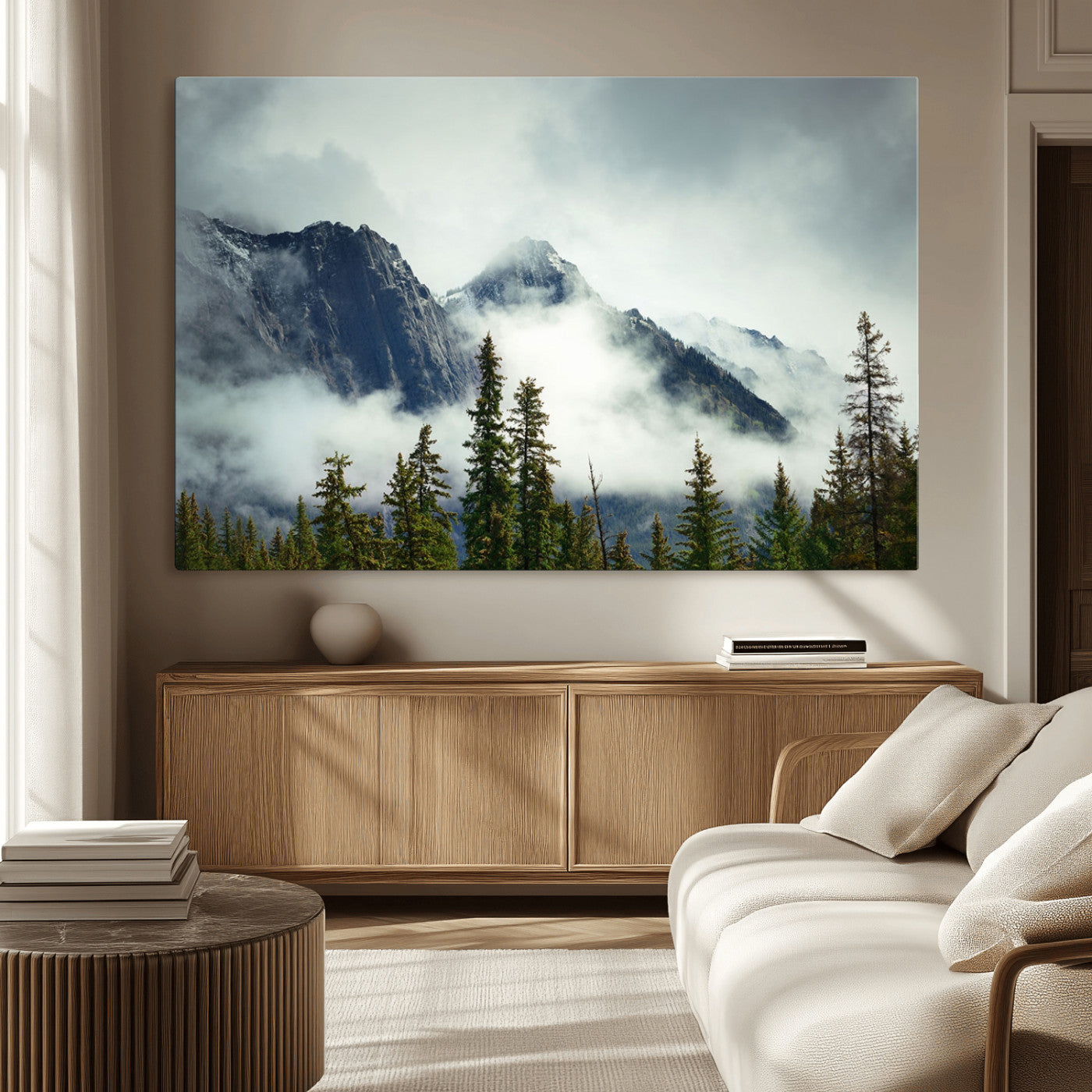 MGV-CV-36X24 - Mountain Mist Canvas Wall Art Print | 3-Panel Foggy Forest and Mountain Landscape | Large Giclee
