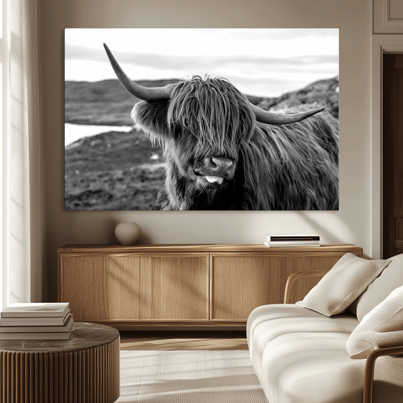MGV-CV-36X24 - Longhorn Steer Canvas Print Wall Art, Highland Cow Canvas Wall Art – Black and White Animal Portrait