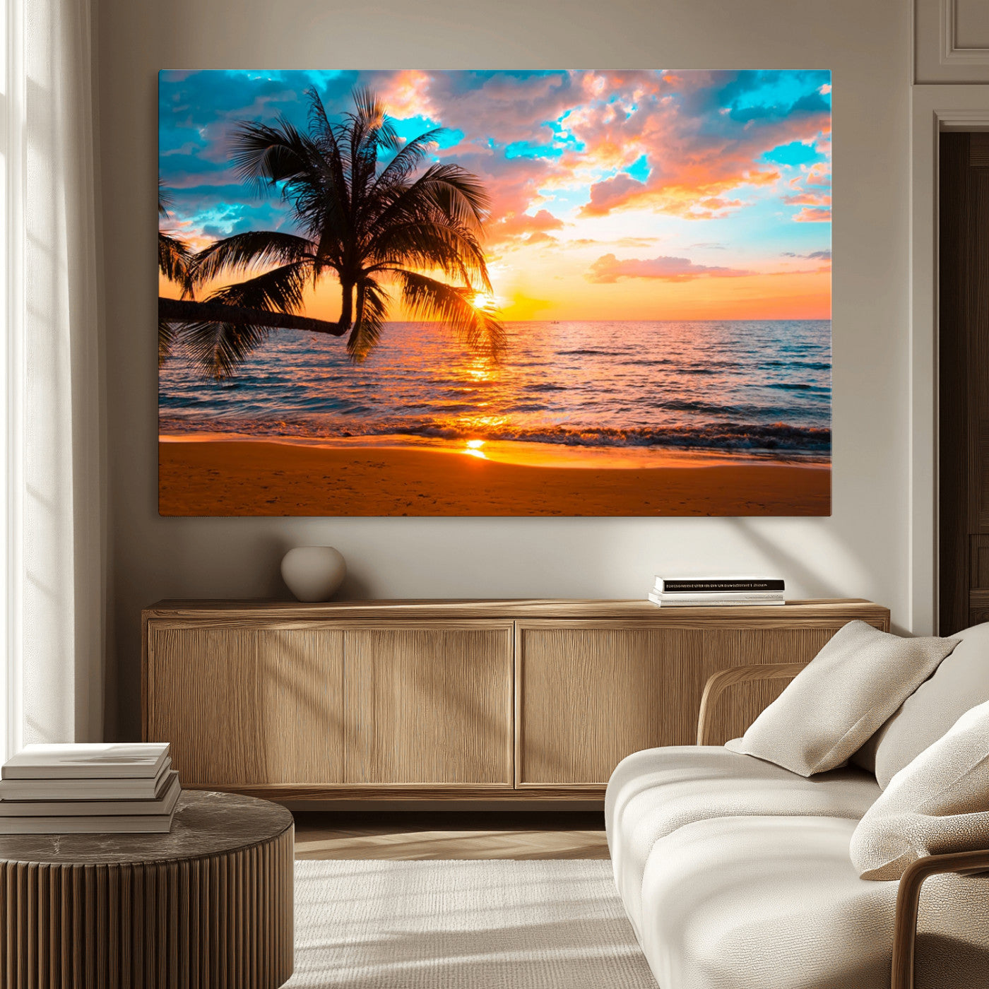 -Palm Tree Sunset On The Beach Wall Art Canvas, Framed Palm Tree Sunset Canvas Print