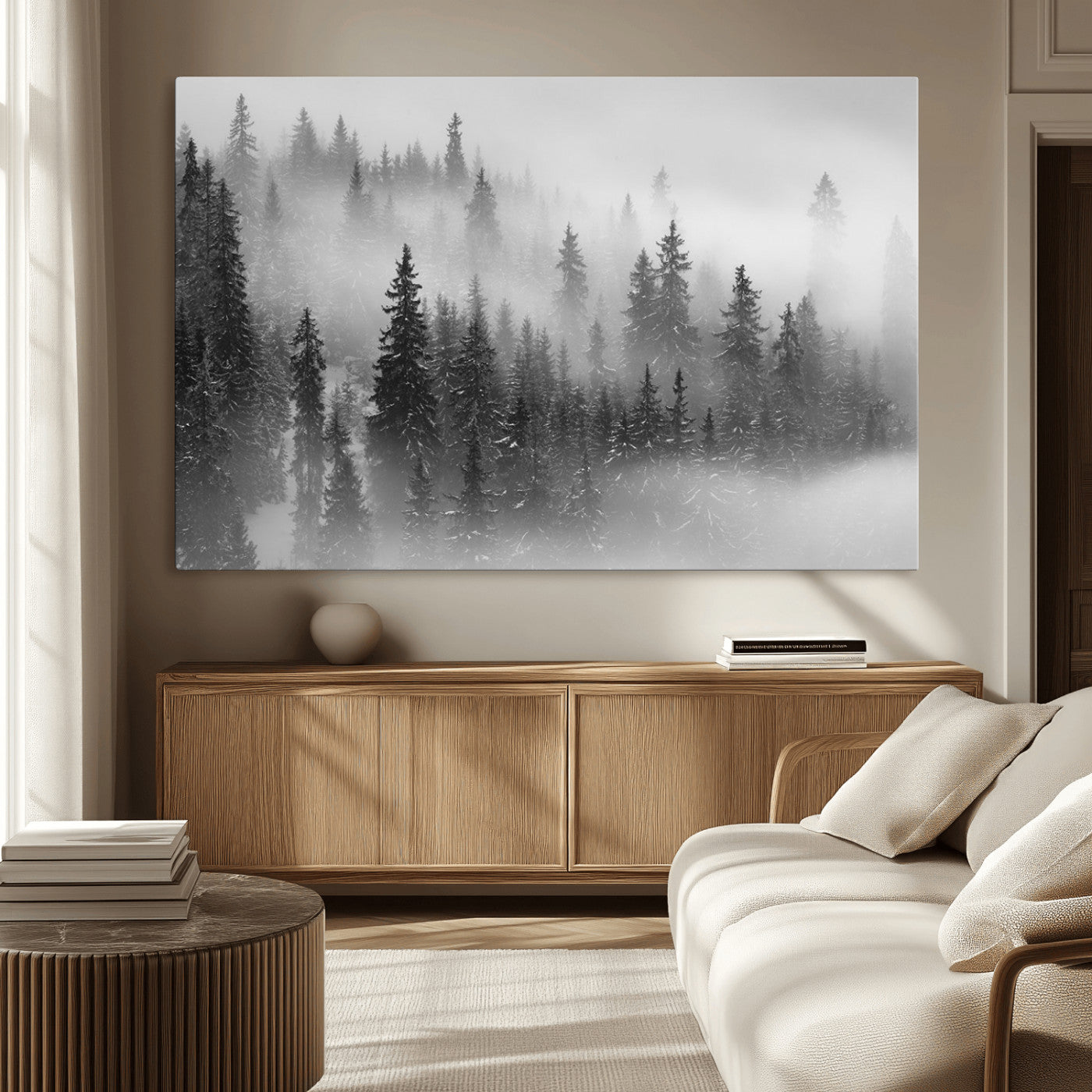 MGV-CV-36X24 - Foggy Misty Forest Canvas Wall Art – Black and White Landscape – Framed and Ready to Hang Modern