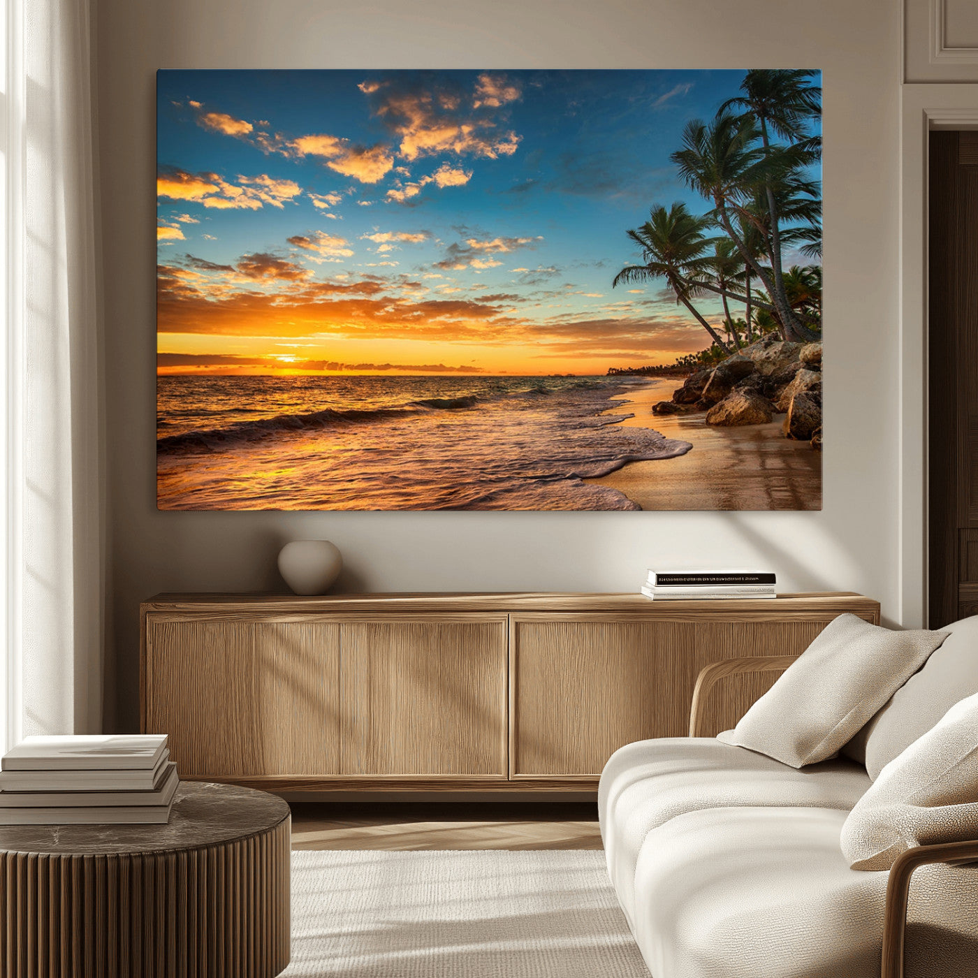 MGV-CV-36X24 - Tropical Beach Sunset Wall Art Print – Palm Tree Coastal Canvas Print – Ocean Seascape Artwork – Perfect for Tropical Modern Home Decor