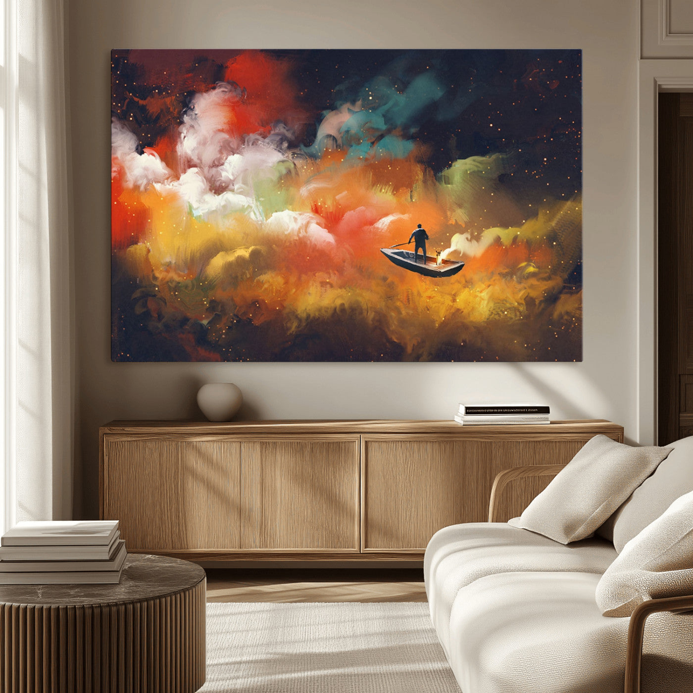 MGV-CV-36X24 - Surreal Space Adventure Canvas Wall Art – Dreamlike Abstract Galaxy Print – Framed and Ready to Hang for Living Room or Bedroom Decor