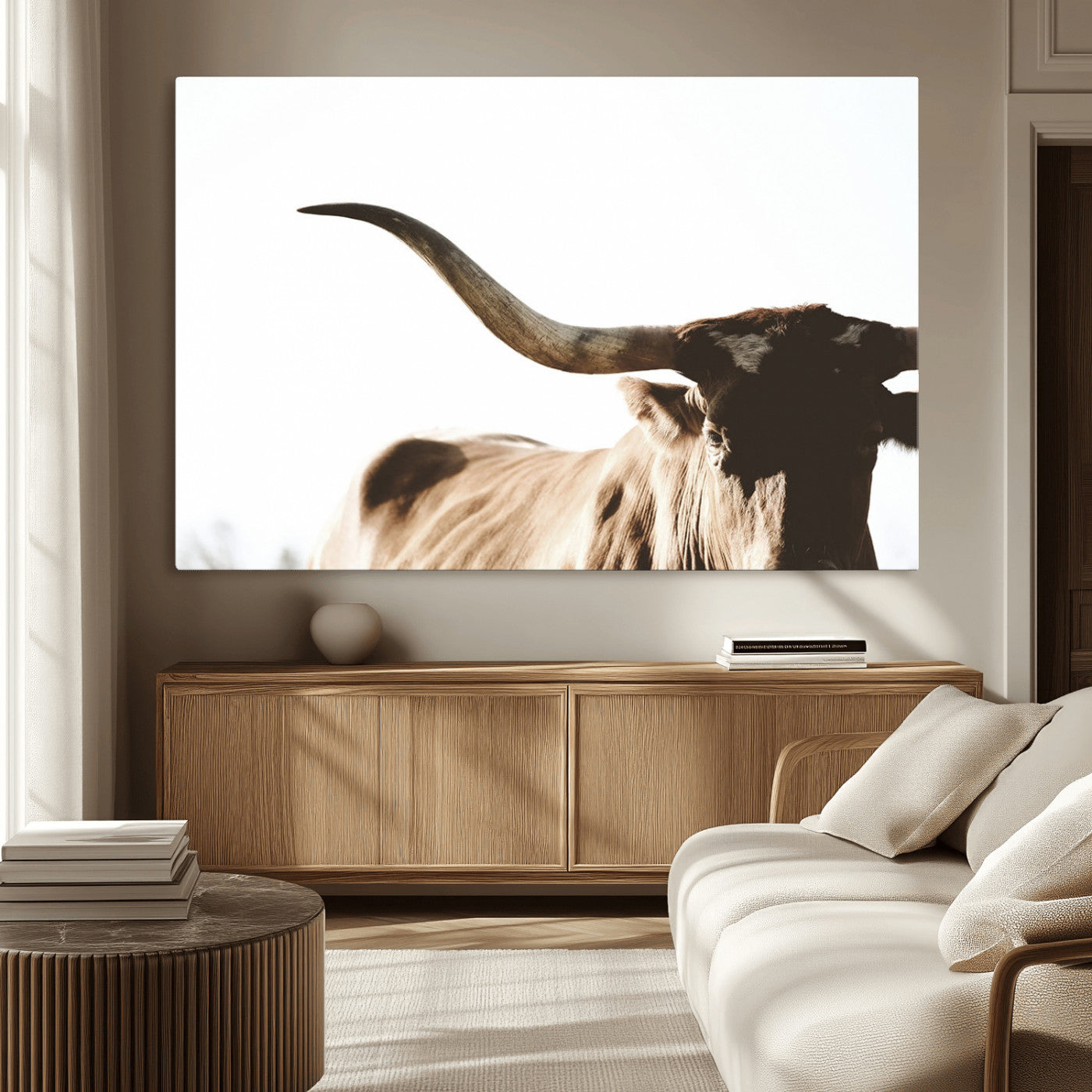 MGV-CV-36X24 - Texas Longhorn Wall Art Canvas Print | 3-Panel Large Longhorn Canvas Print for Living Room, Framed