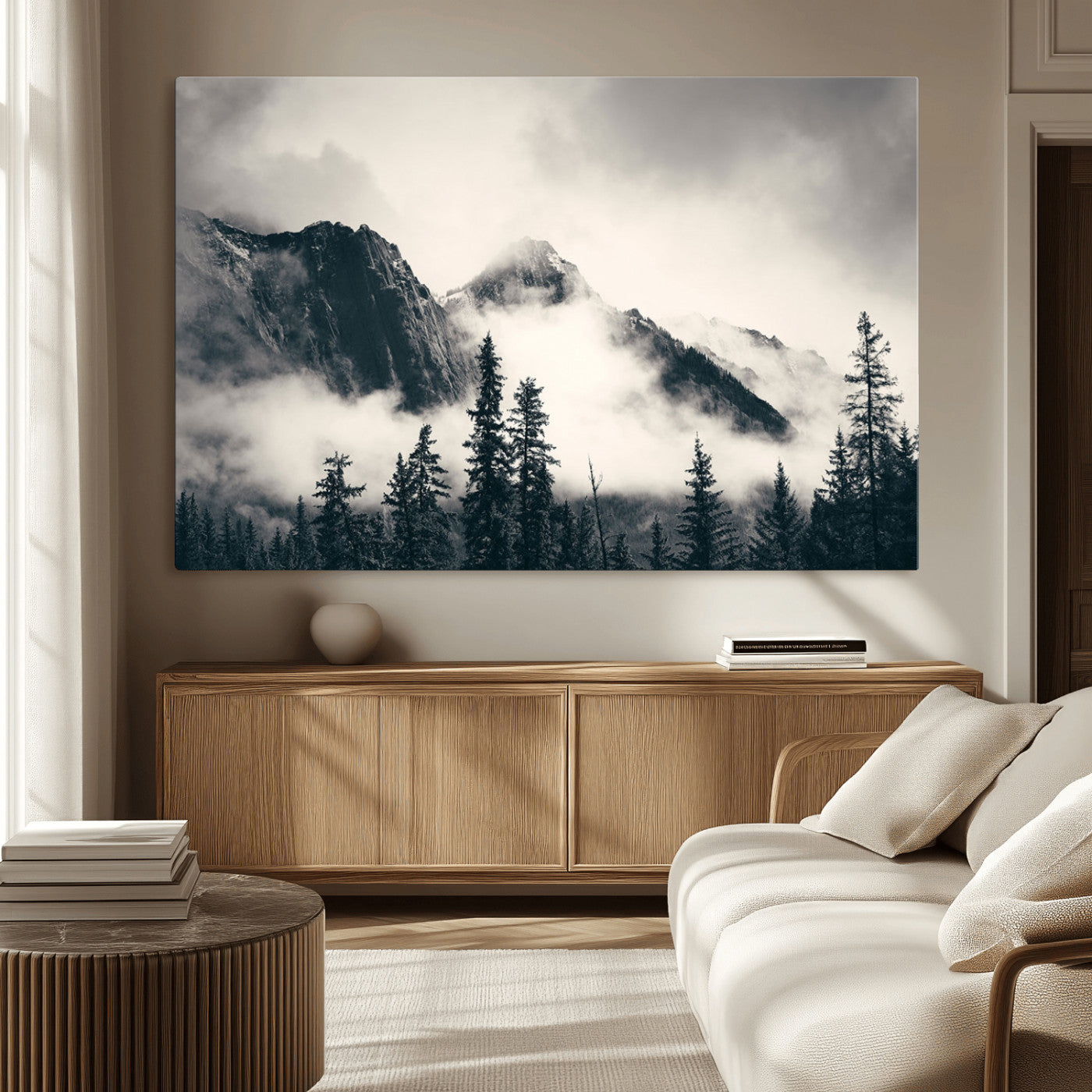 MGV-CV-36X24 - Forest Mountain Print - Black and White Canvas Wall Art with Misty Forest Design for Elegant and