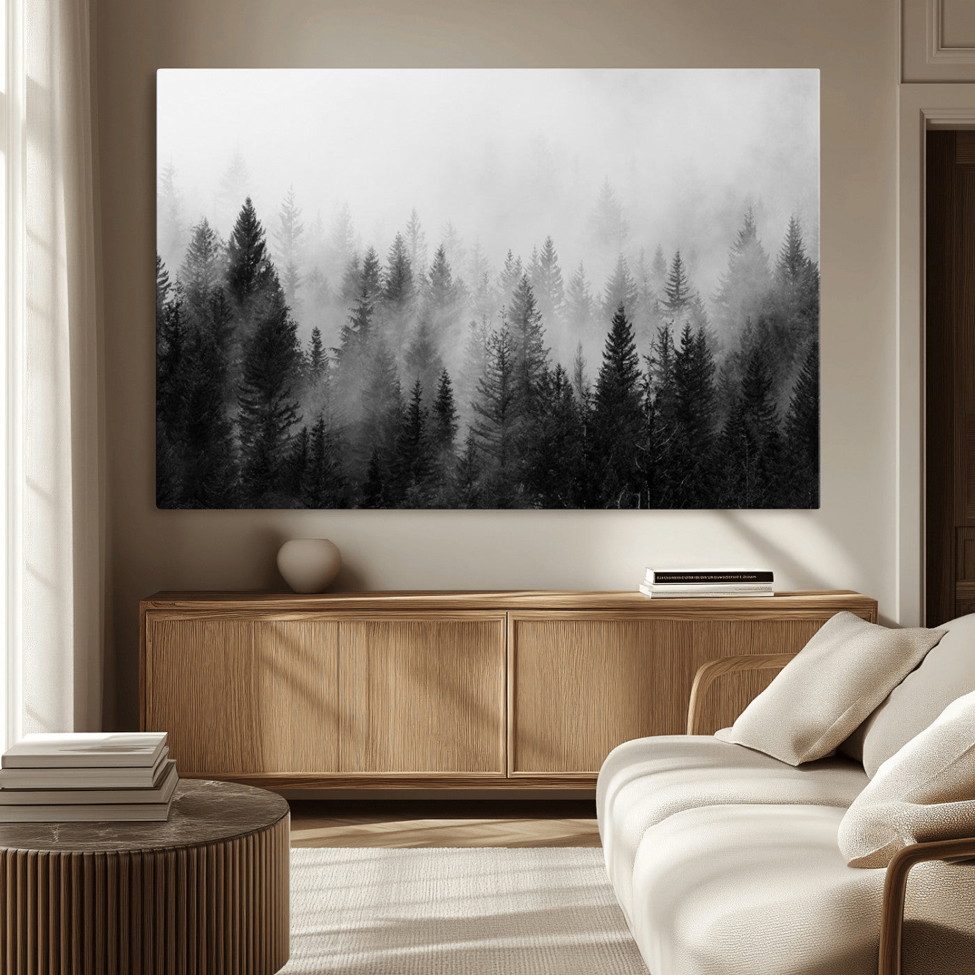 MGV-CV-36X24 - Foggy Black and White Forest Canvas Wall Art, 3 Panel Misty Pine Trees Canvas Print for Living Room,