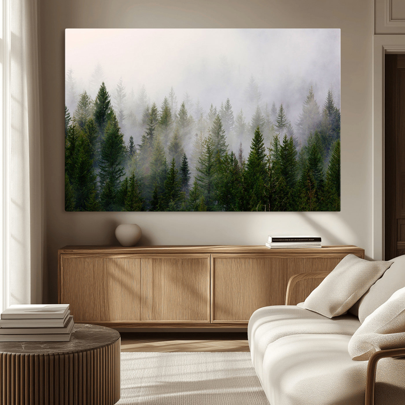 MGV-CV-36X24 - Misty Pine Forest Wall Art Canvas Print | 3 Panel Green Woodland Canvas Print for Living Room,