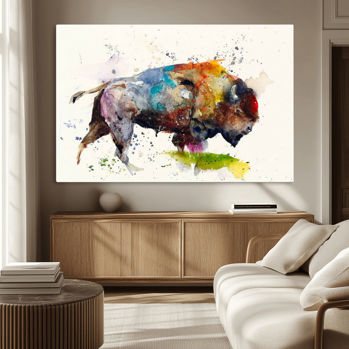 MGV-CV-36X24 - Abstract Buffalo Wall Art, Western Watercolor Bison Canvas Print, Rustic Buffalo Art for Cowboy and