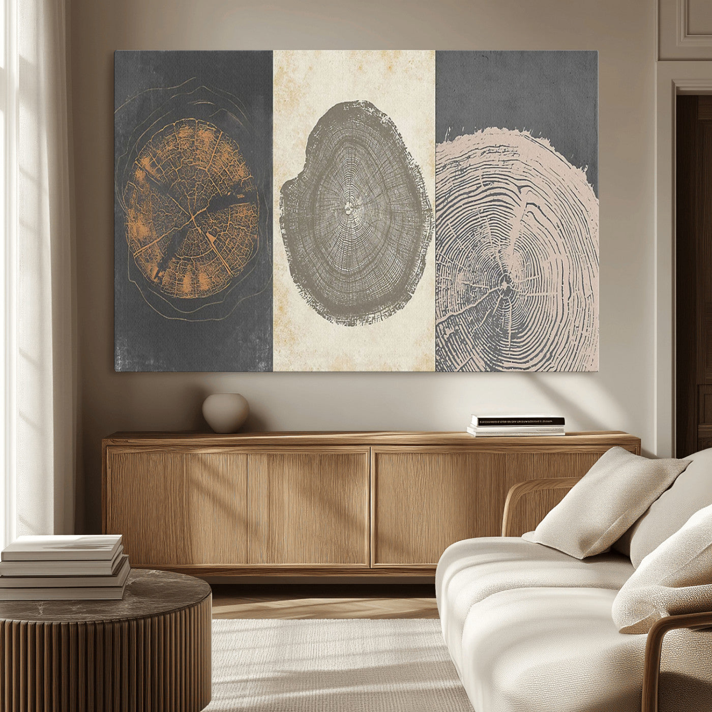 MGV-CV-36X24 - Boho Tree Ring Wall Art, Modern Minimalist Wood Grain Canvas, Tree Slice for Rustic Decor, Farmhouse