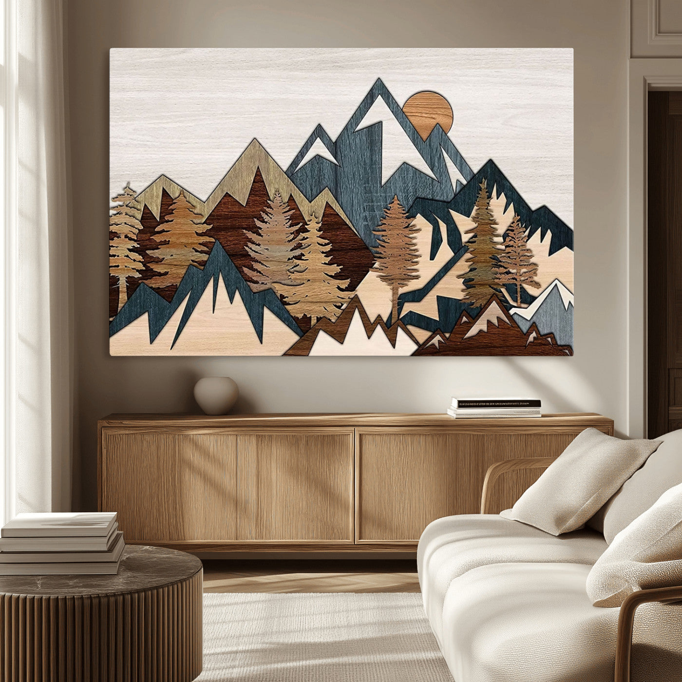 MGV-CV-36X24 - Woodland Mountain Landscape Triptych, Giclee Canvas Art for Modern Home, Rustic Wooden Nature Wall