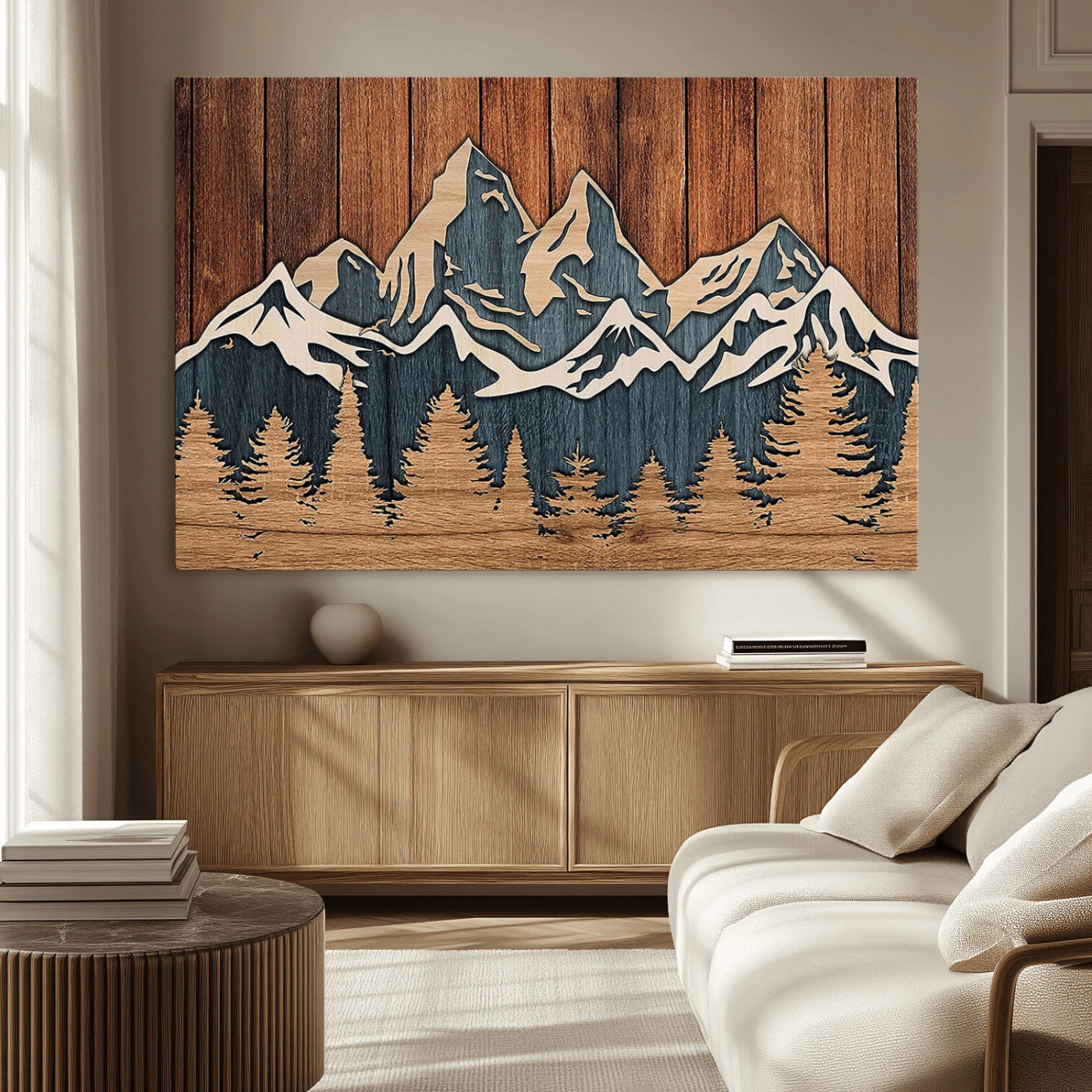 MGV-CV-36X24 - Rustic Wood Style Mountain Wall Art, Nature Forest Canvas Print, Wooden Textured Mountain Artwork,