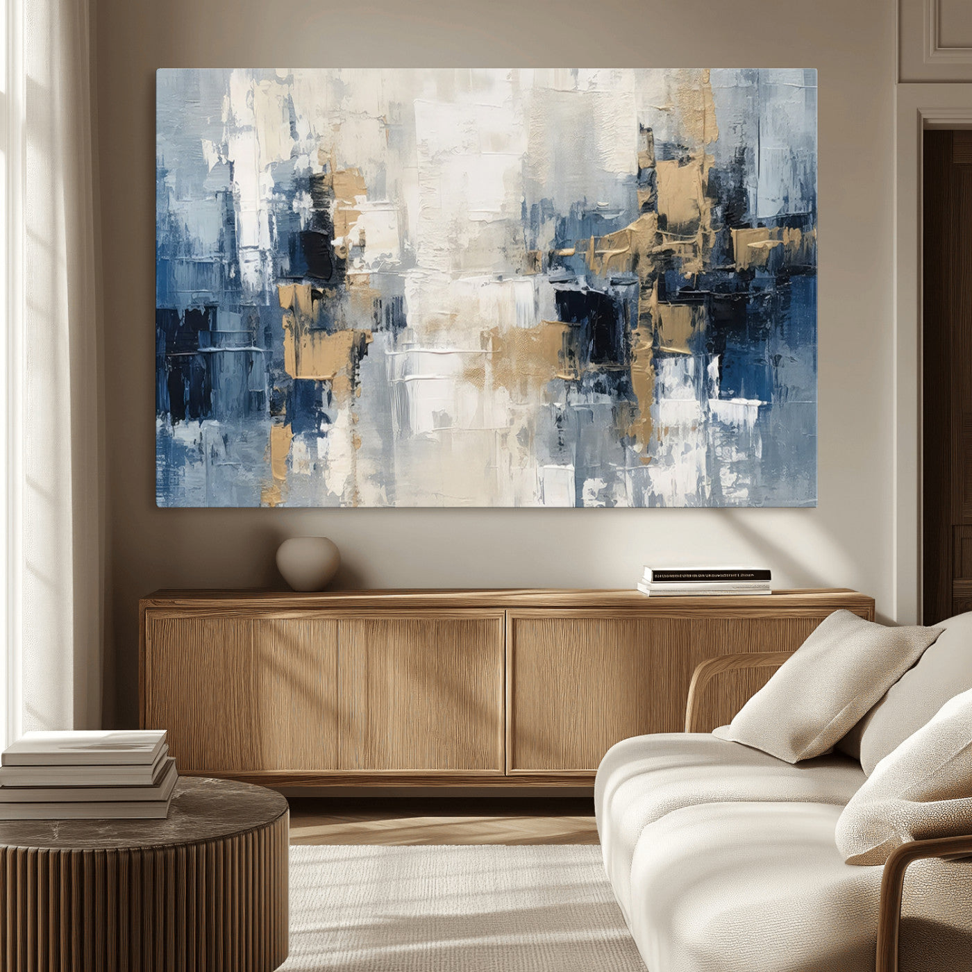 -Modern Abstract Canvas Wall Art in Blue and Gold Tones | Large Contemporary Art for Living Room,