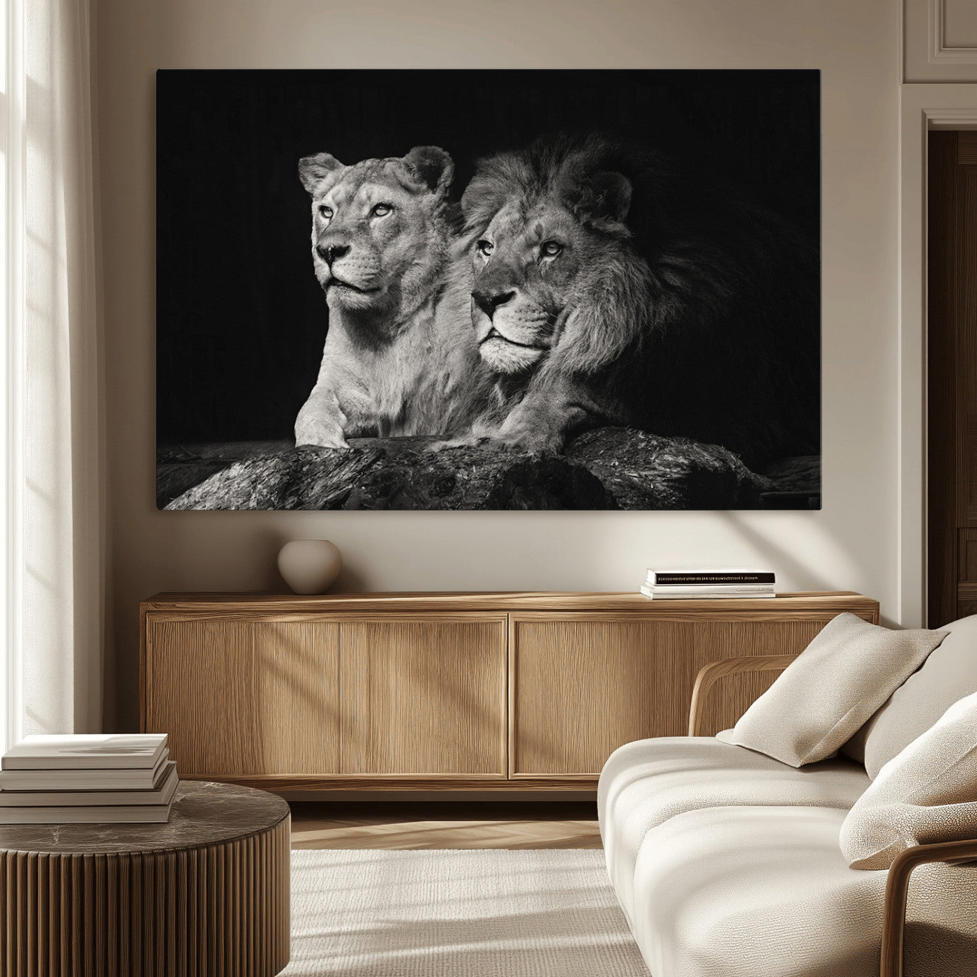 MGV-CV-36X24 - Lion Couple Canvas Wall Art Print – Elegant Wildlife Portrait in Black and White Lion Family – Ready