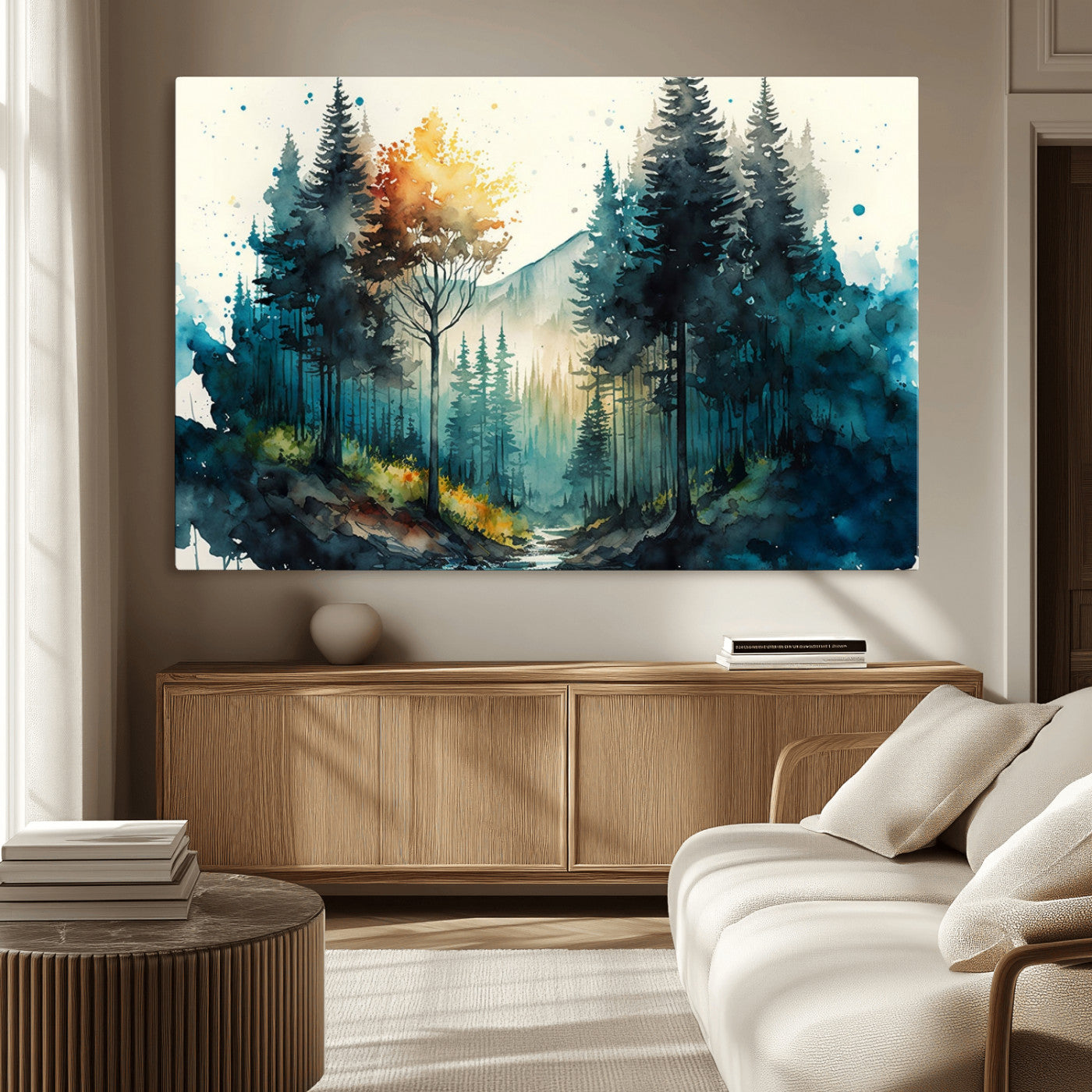 -Watercolor Trees Forest Abstract Wall Art Canvas Print, Framed Watercolor Trees Wall Art