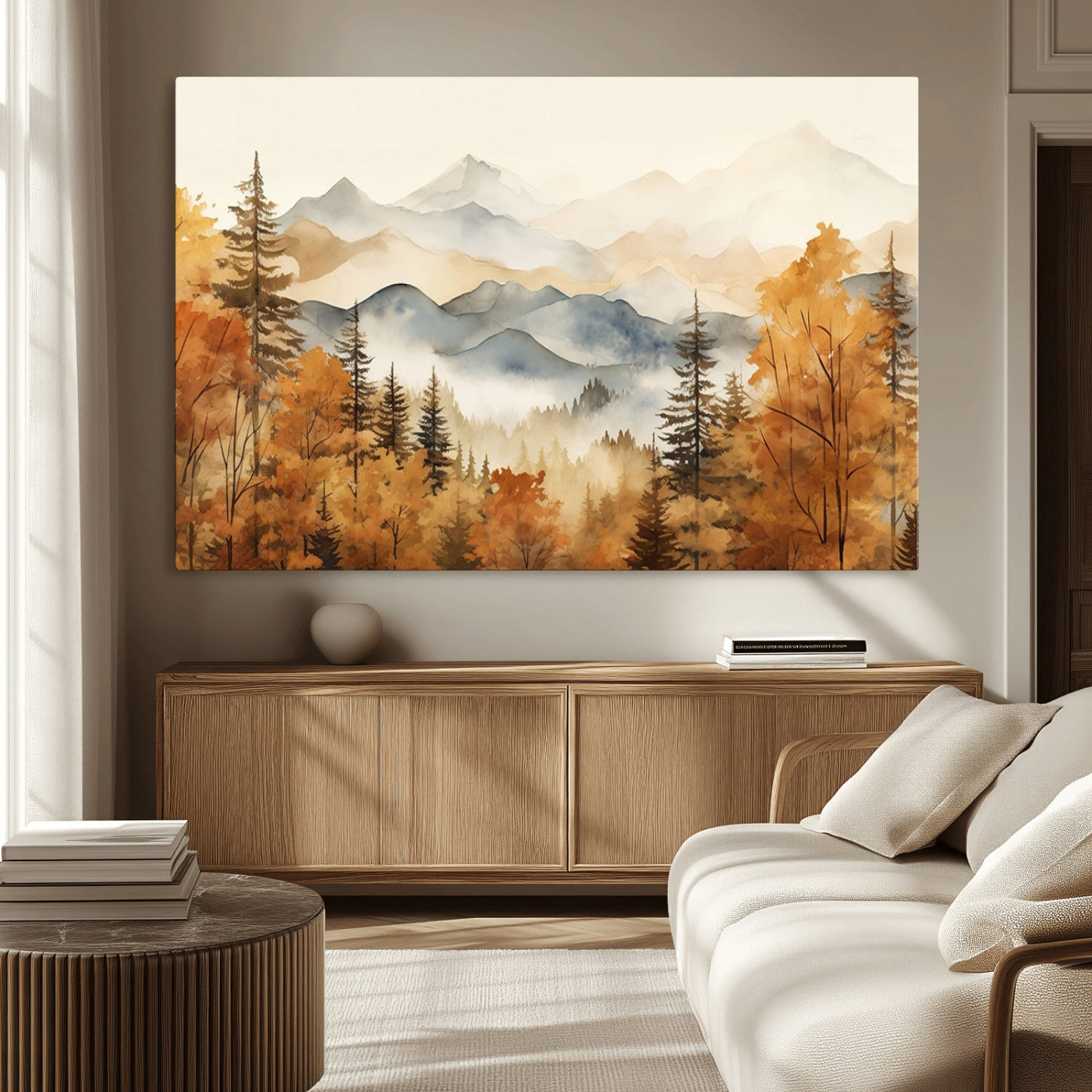 -Golden Autumn Forest Wall Art Canvas | Mountain Landscape Canvas Print for Living Room or Bedroom |