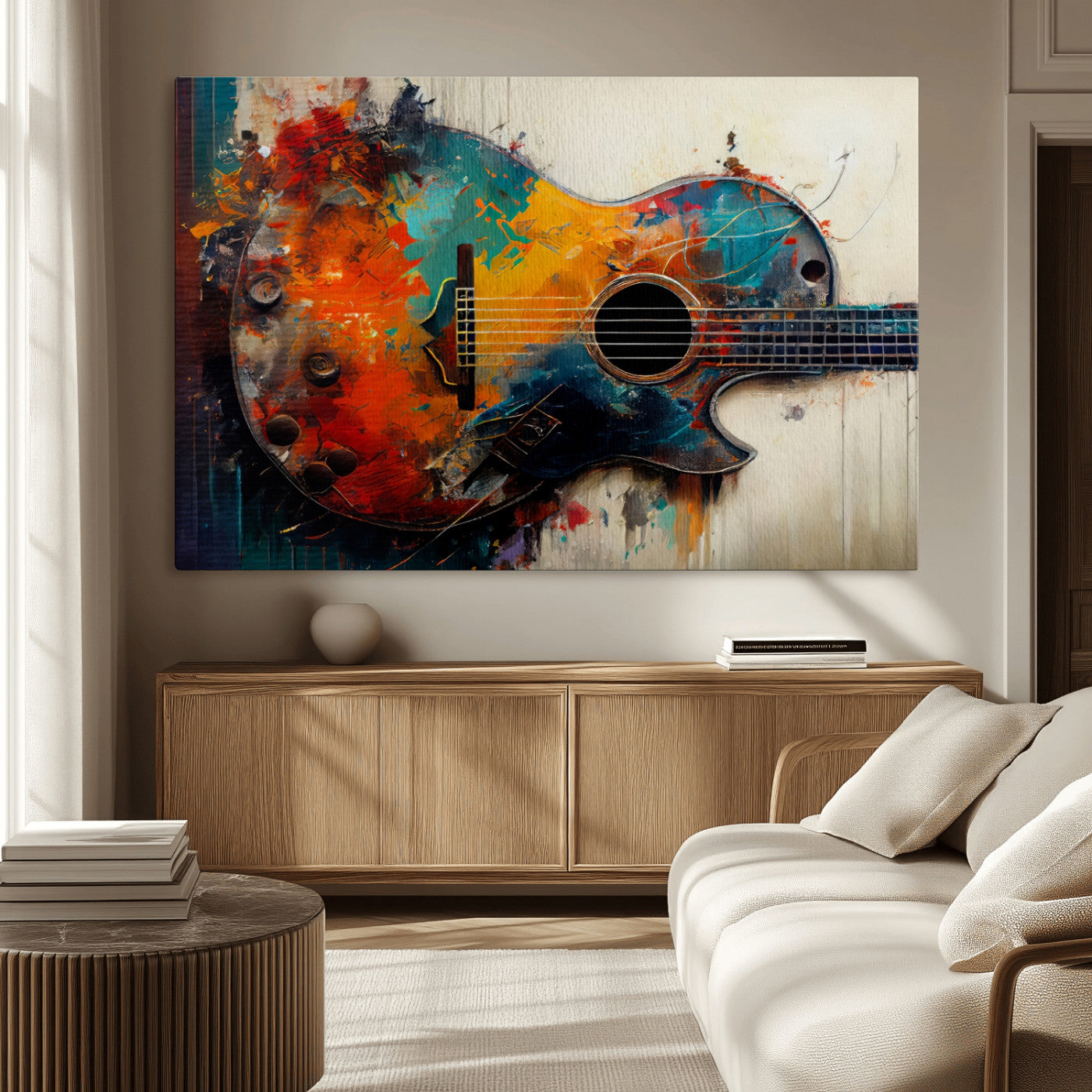 MGV-CV-36X24 - Abstract Guitar Wall Art Canvas | Vibrant Music-Inspired Art for Living Room or Studio | Colorful