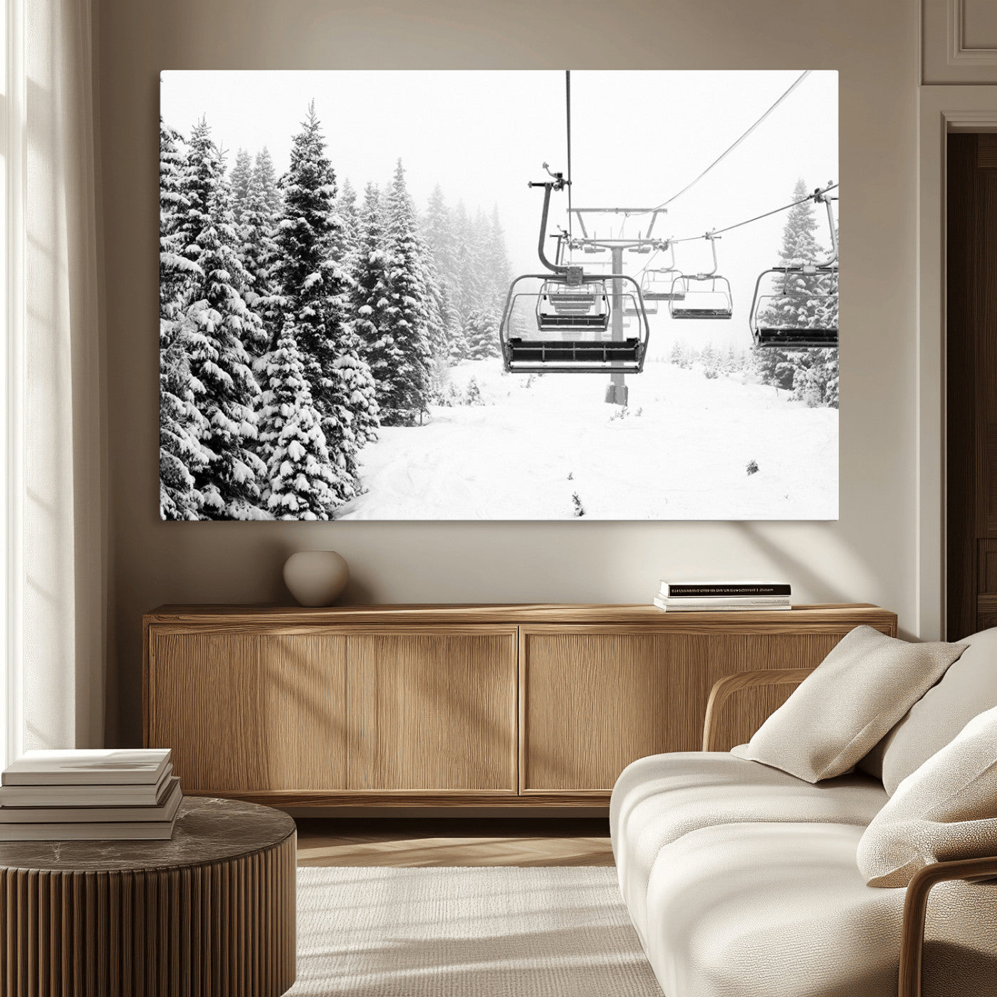 MGV-CV-36X24 - Winter Forest Wall Art Canvas Print, Framed Snowy Forest Art Picture Print, Winter Ski Lift Perfect