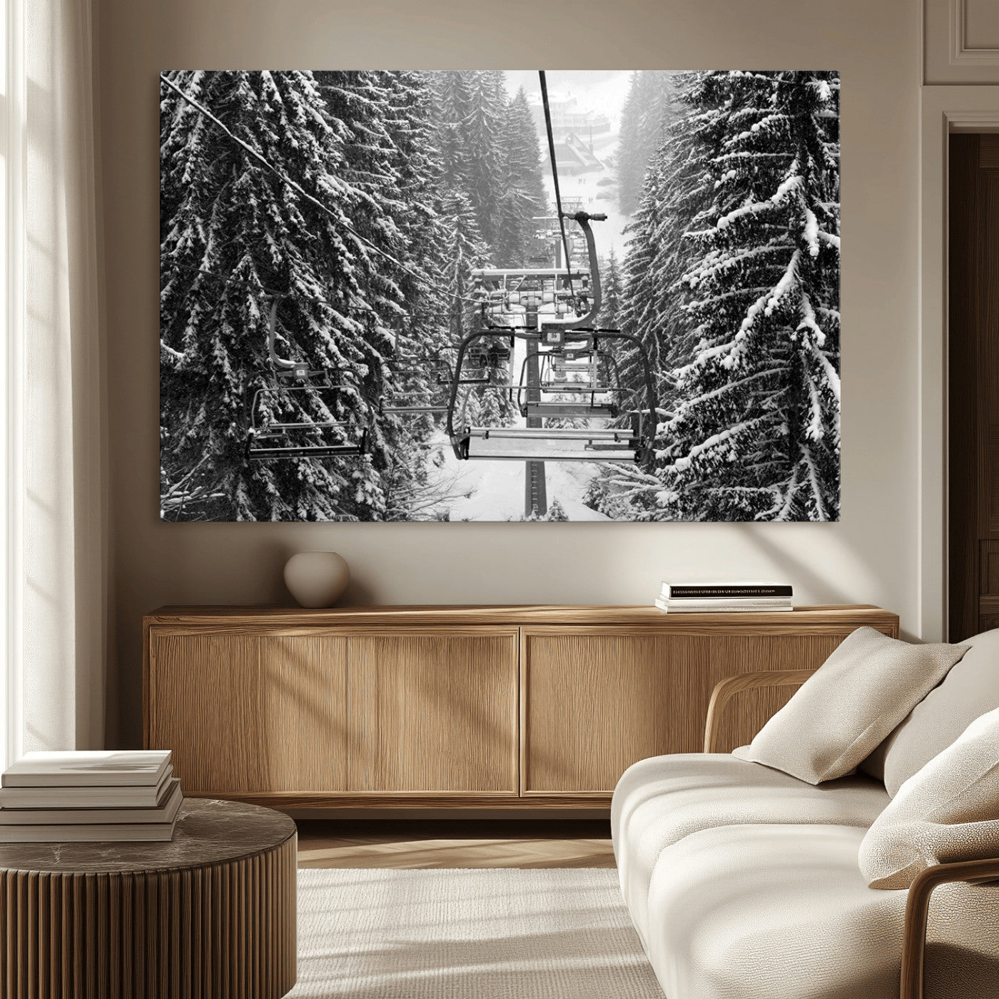 MGV-CV-36X24 - Winter Ski Lift Black and White Canvas Wall Art – Alpine Escape in Minimalist Style – Winter Ski