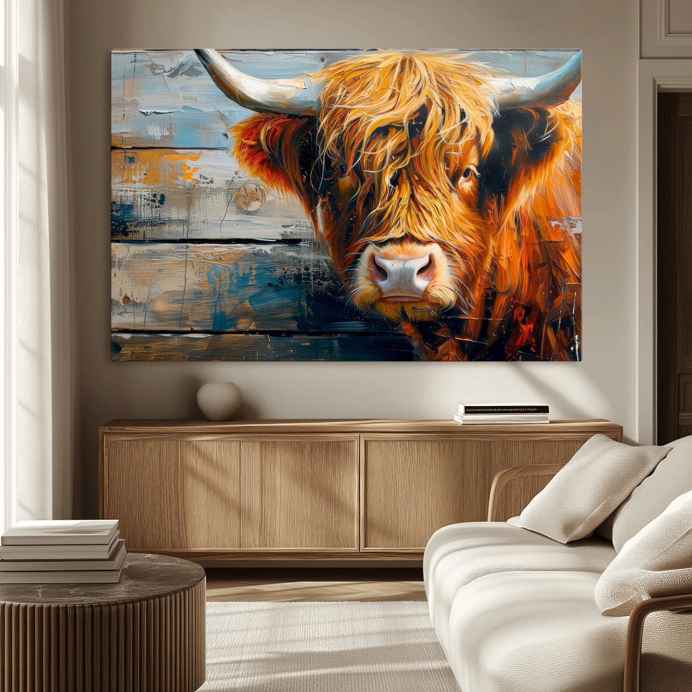 -Highland Cow Abstract Canvas Wall Art – Bold Farmhouse Rustic Decor – Ready to Hang