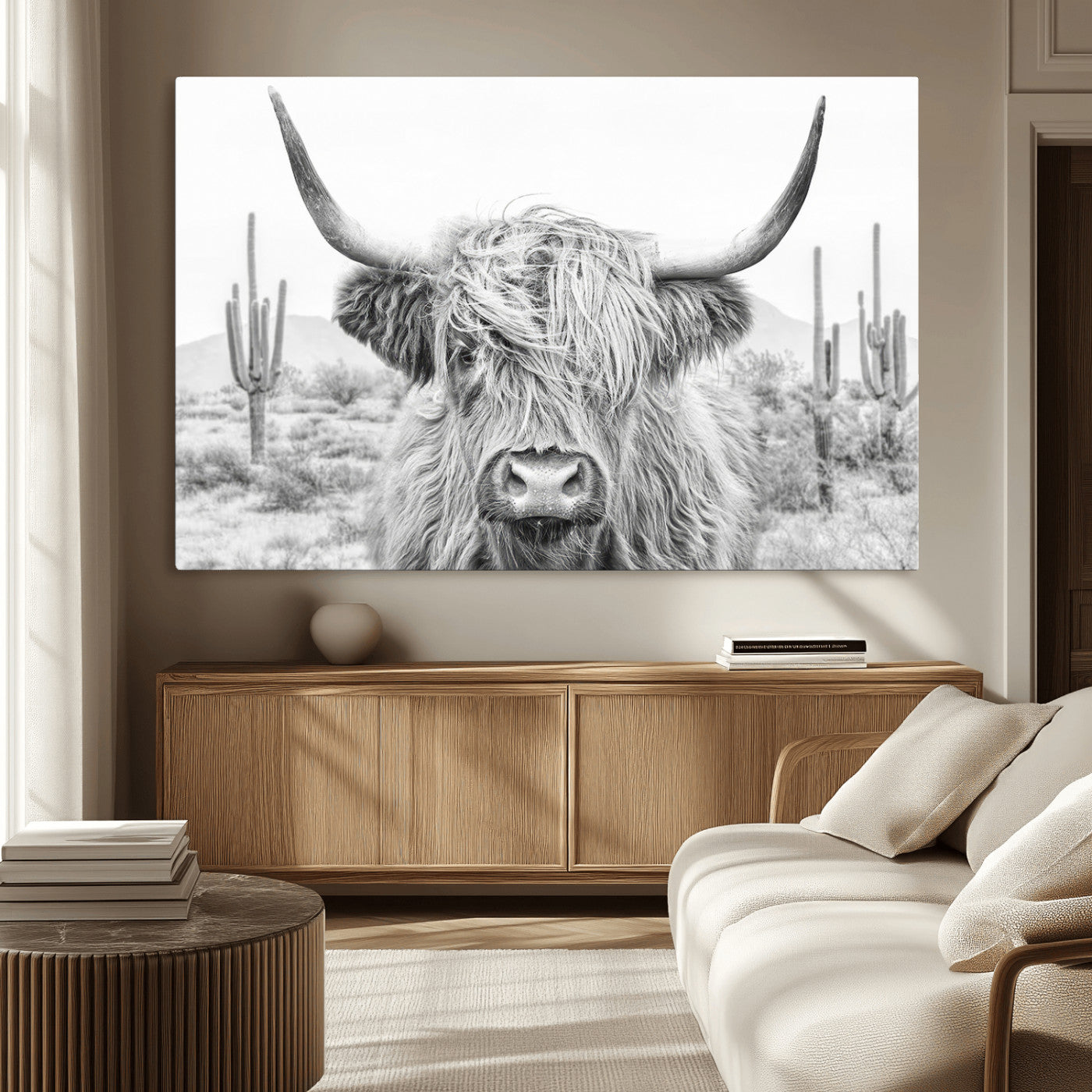 94579-MGV-CV-36X24-Rustic Charm | Cow Longhorn Black White Bighorn Wall Art Canvas Print | Farmhouse Wall Art