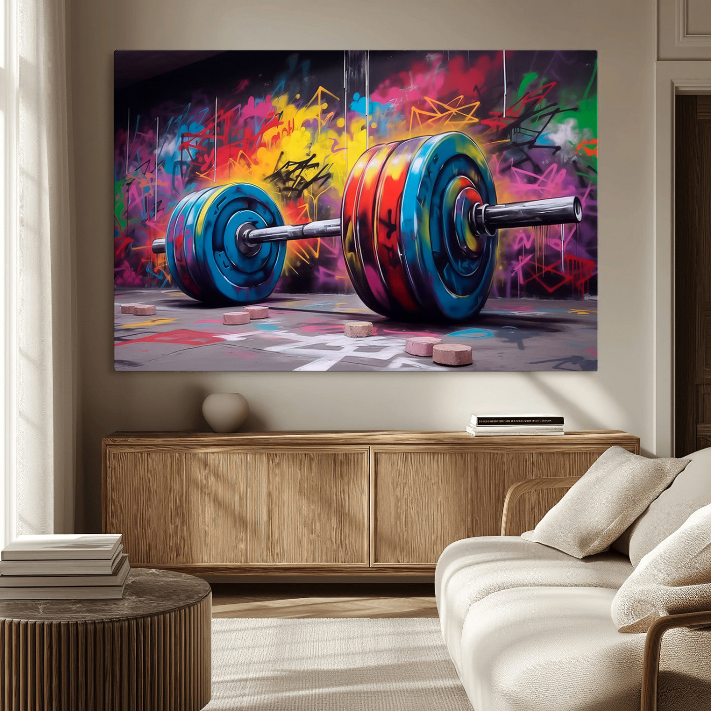 MGV-CV-36X24 - Abstract Graffiti Barbell Canvas Wall Art – Urban Fitness Meets Bold Street Art Print - Gym Wall Art