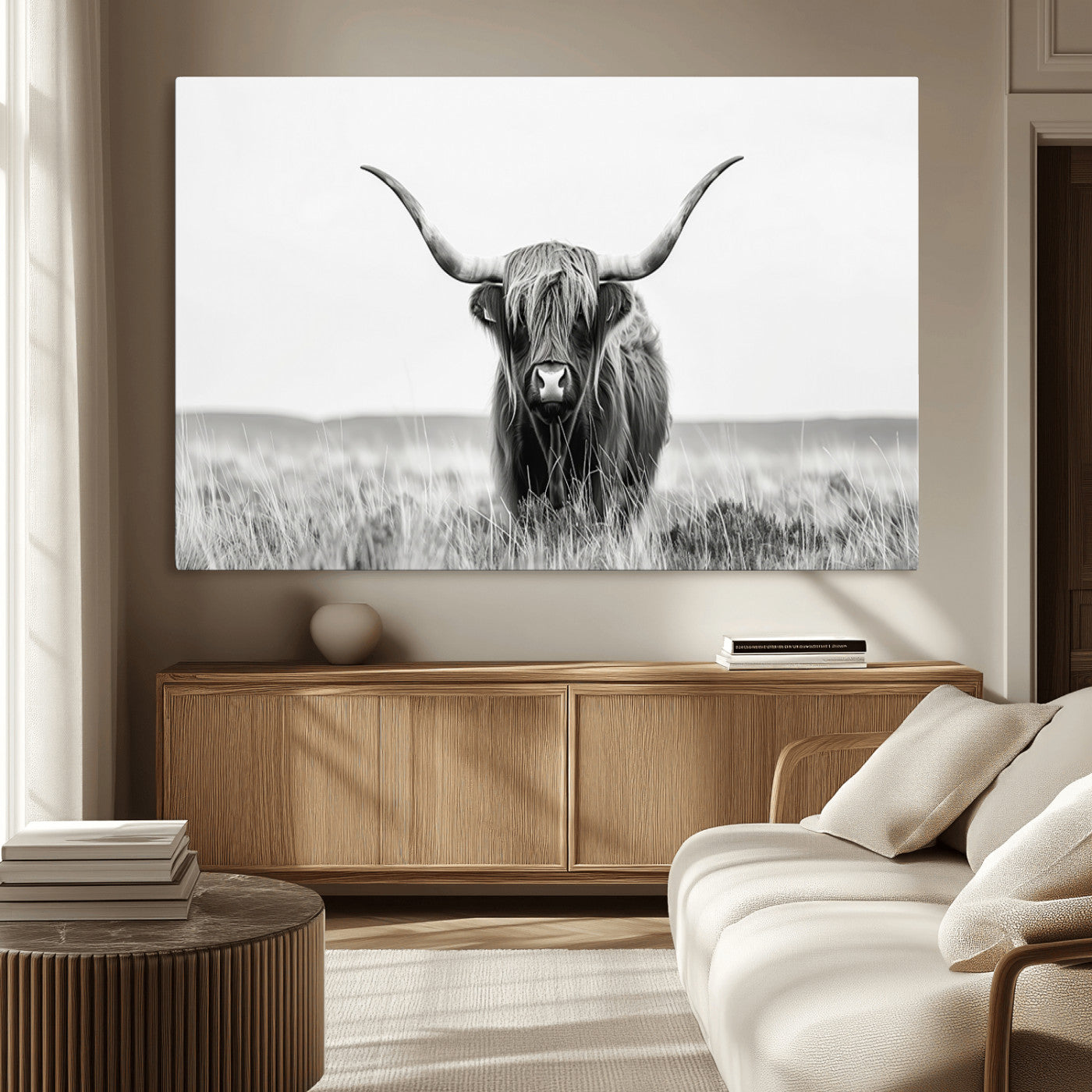 MGV-CV-36X24 - Highland Cow Canvas Wall Art – Majestic Beauty in Black and White