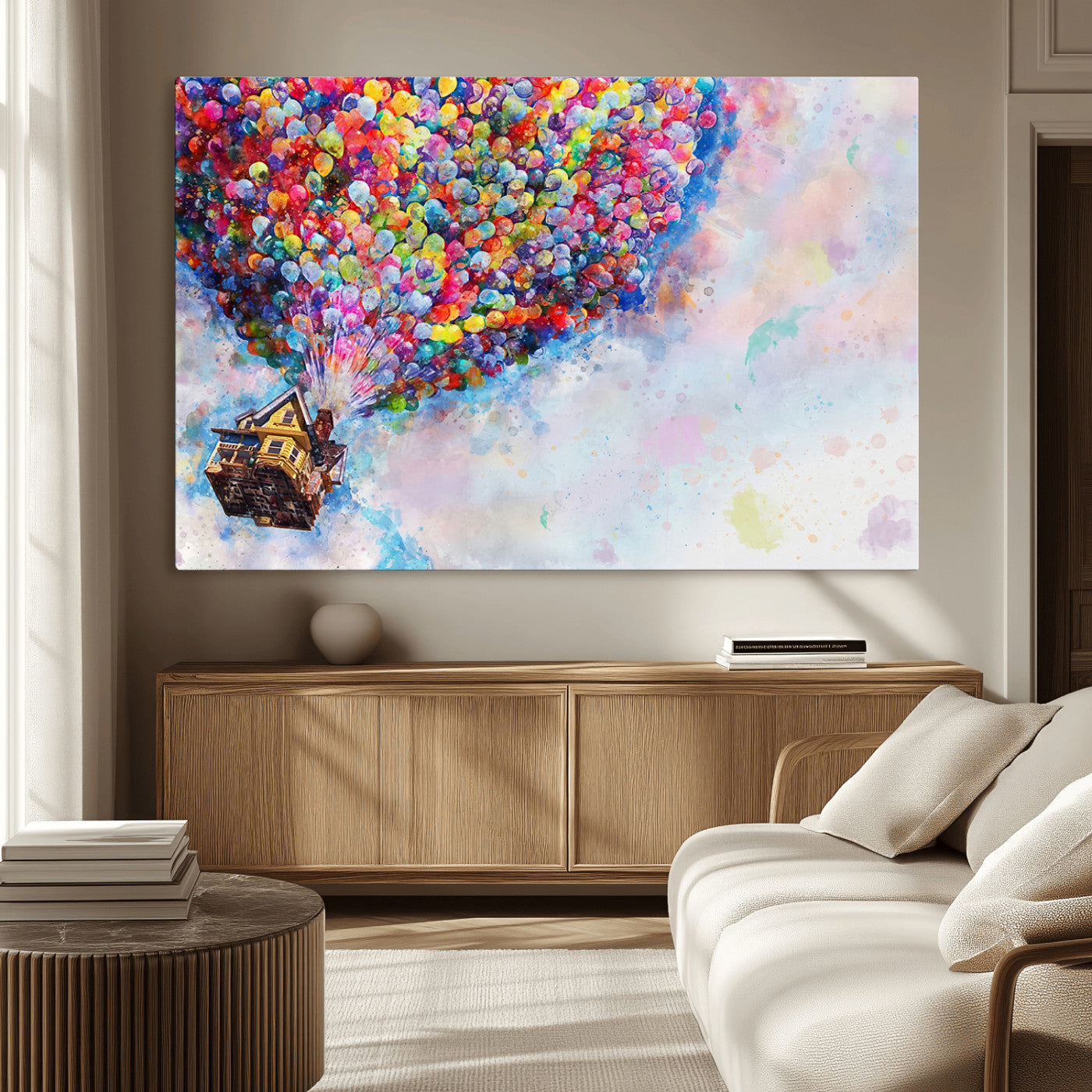 MGV-CV-36X24 - Don't Look Up Movie Canvas Wall Art - Vibrant Floating House and Balloons Scene, Tribute to Iconic