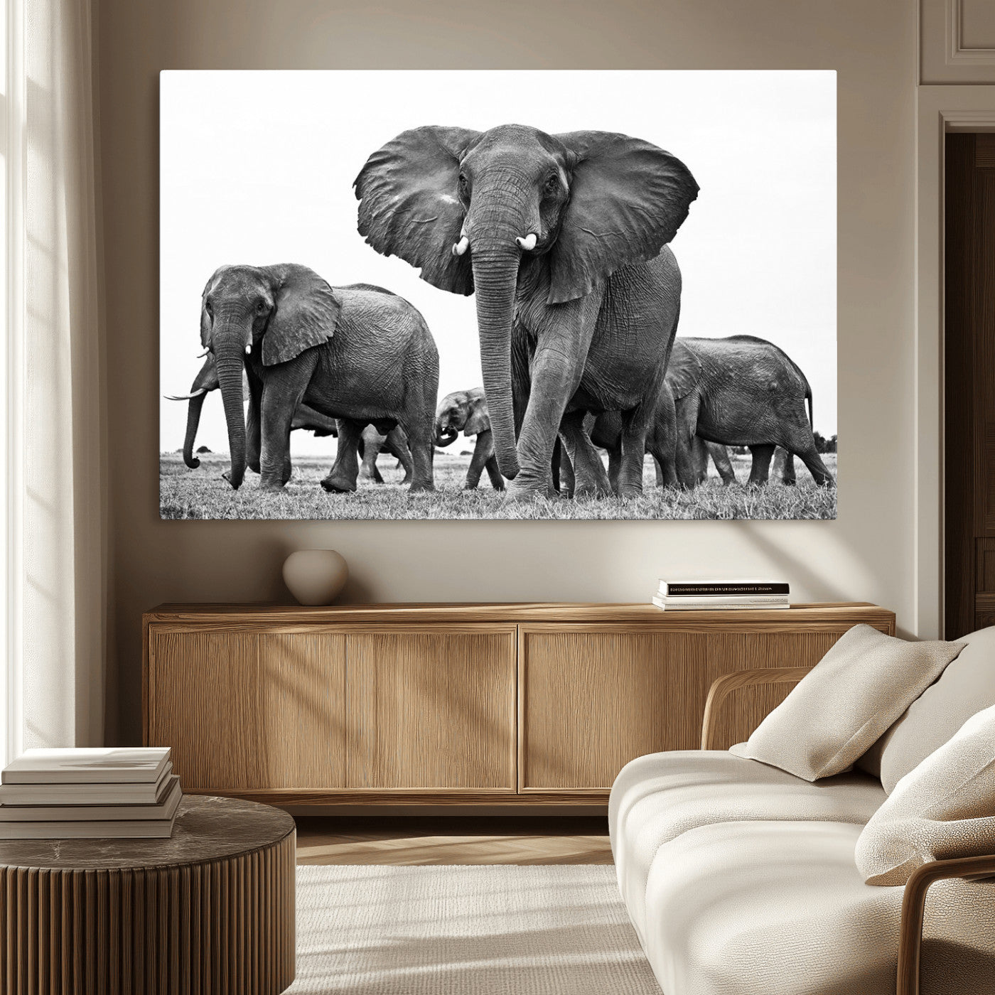 -Black White Elephant Family Wall Art Canvas Print