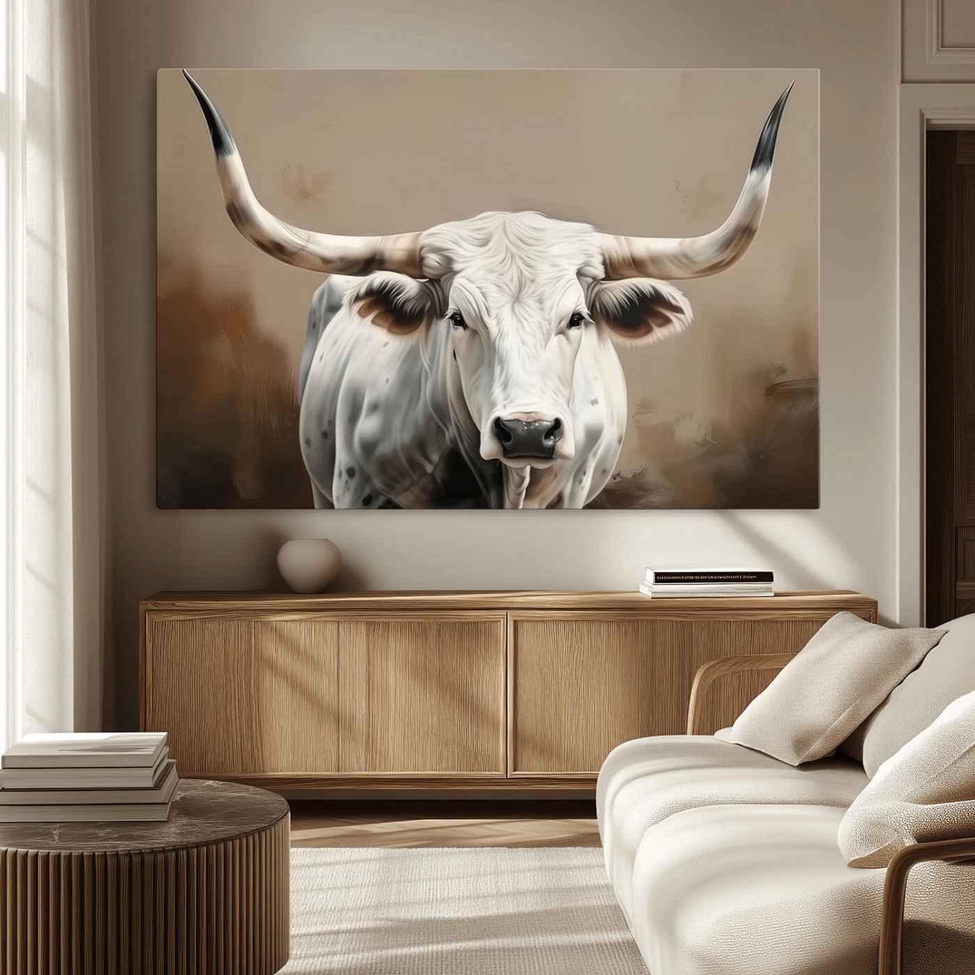 -White Longhorn Bull Wall Art Canvas Print – Framed and Ready to Hang – Perfect for Farmhouse and