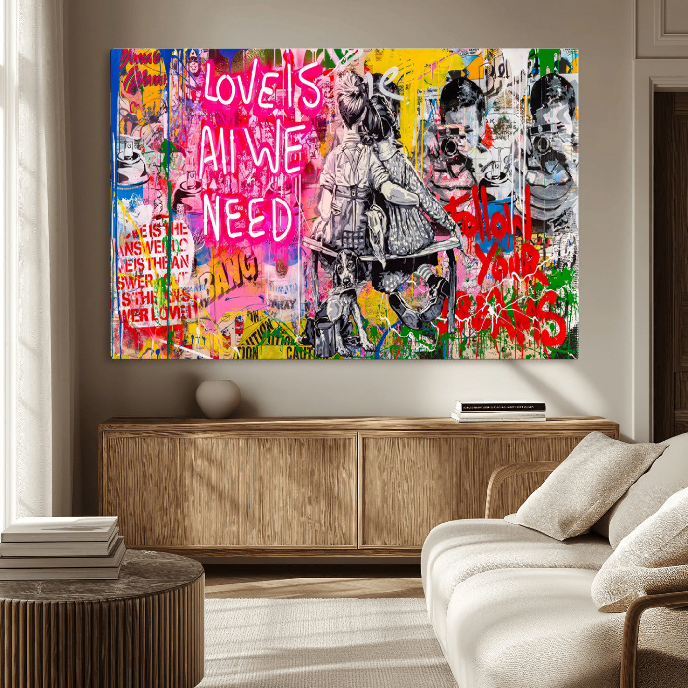 MGV-CV-36X24 - Follow Your Dreams & Love is All We Need Graffiti Street Art Triptych | Colorful Urban Wall Art