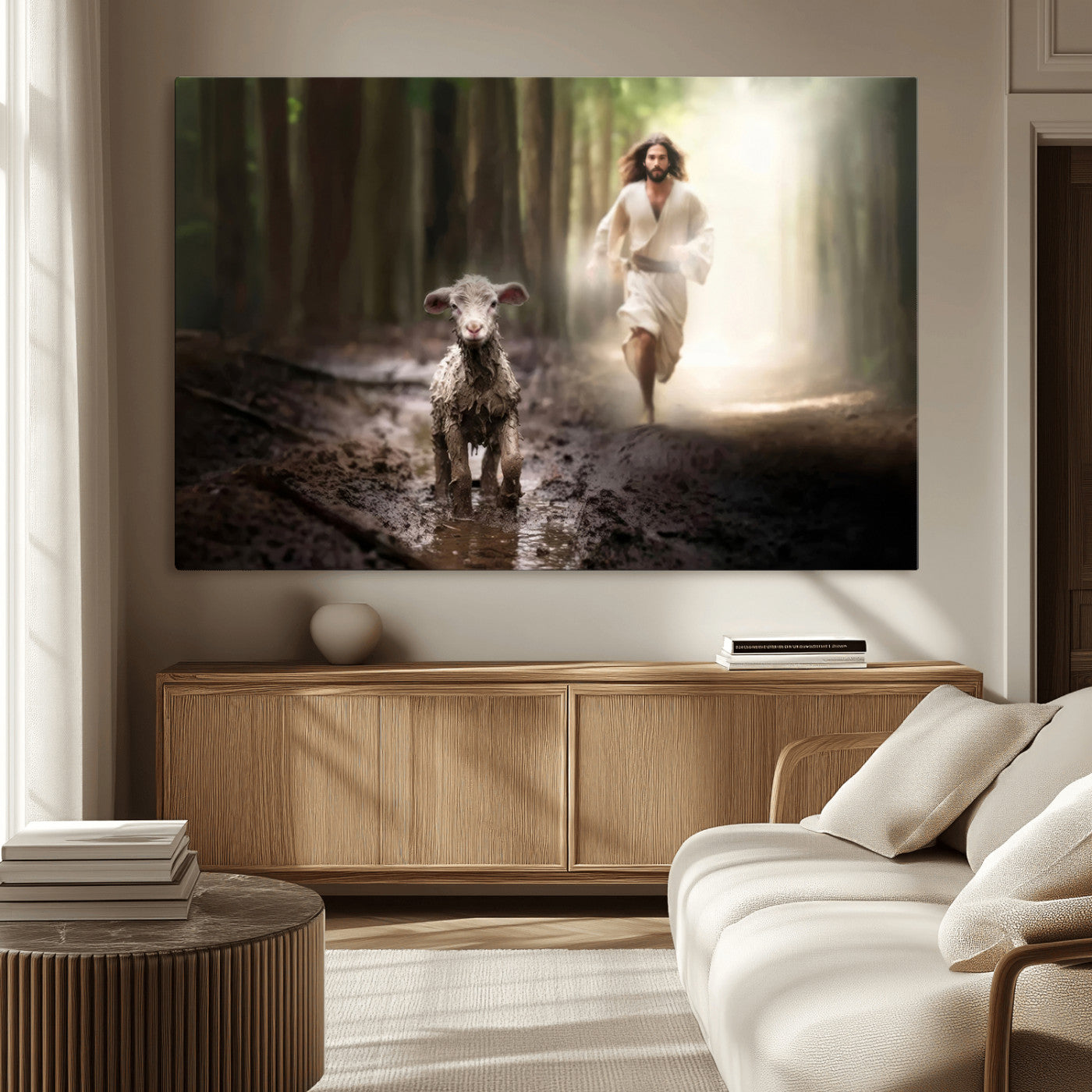 MGV-CV-36X24 - Jesus Canvas Wall Art - Jesus Running After Lost Lamb, Jesus, Christian Home Decor - Church Wall Art