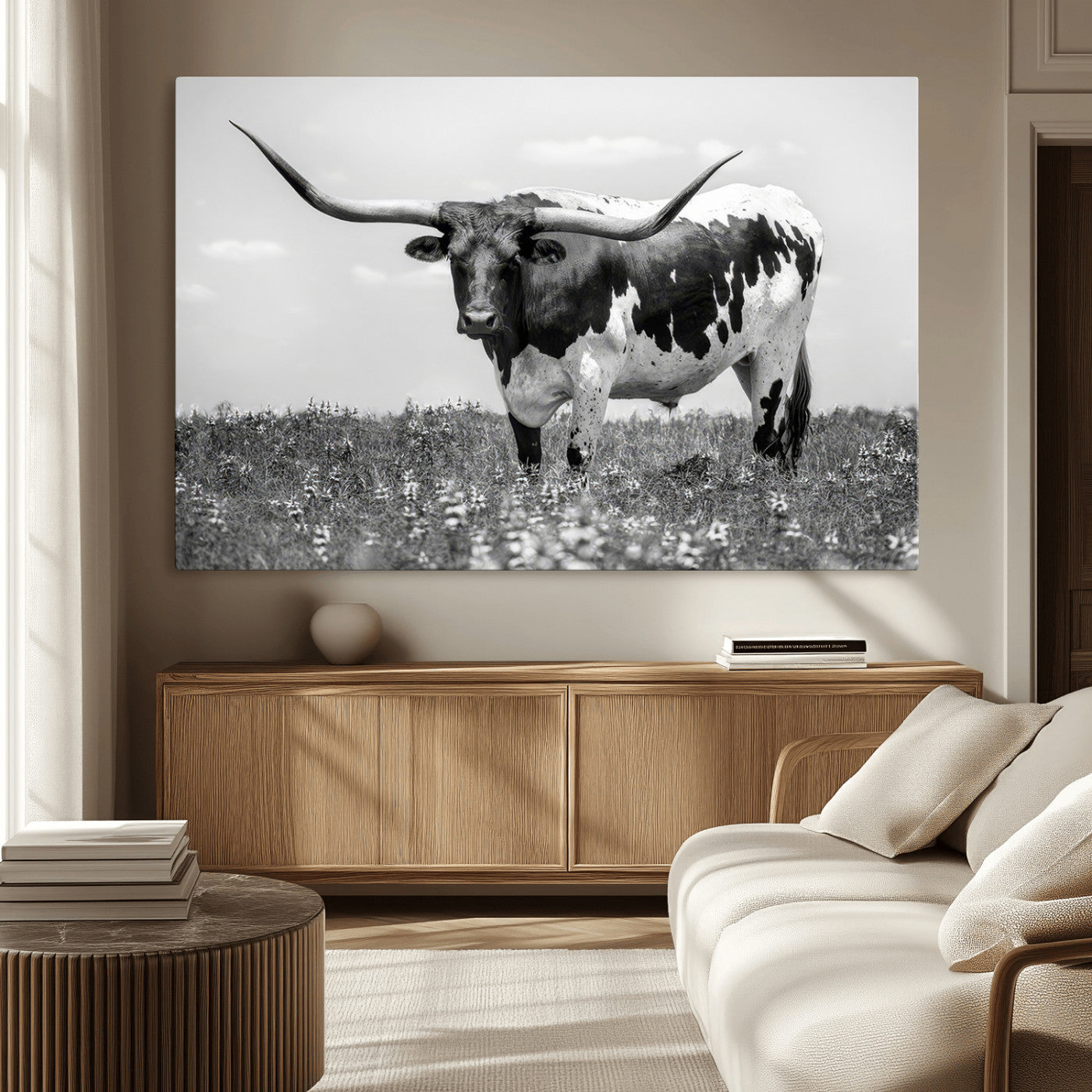 -Texas Black White Highland Longhorn Cow Wall Art Canvas Print