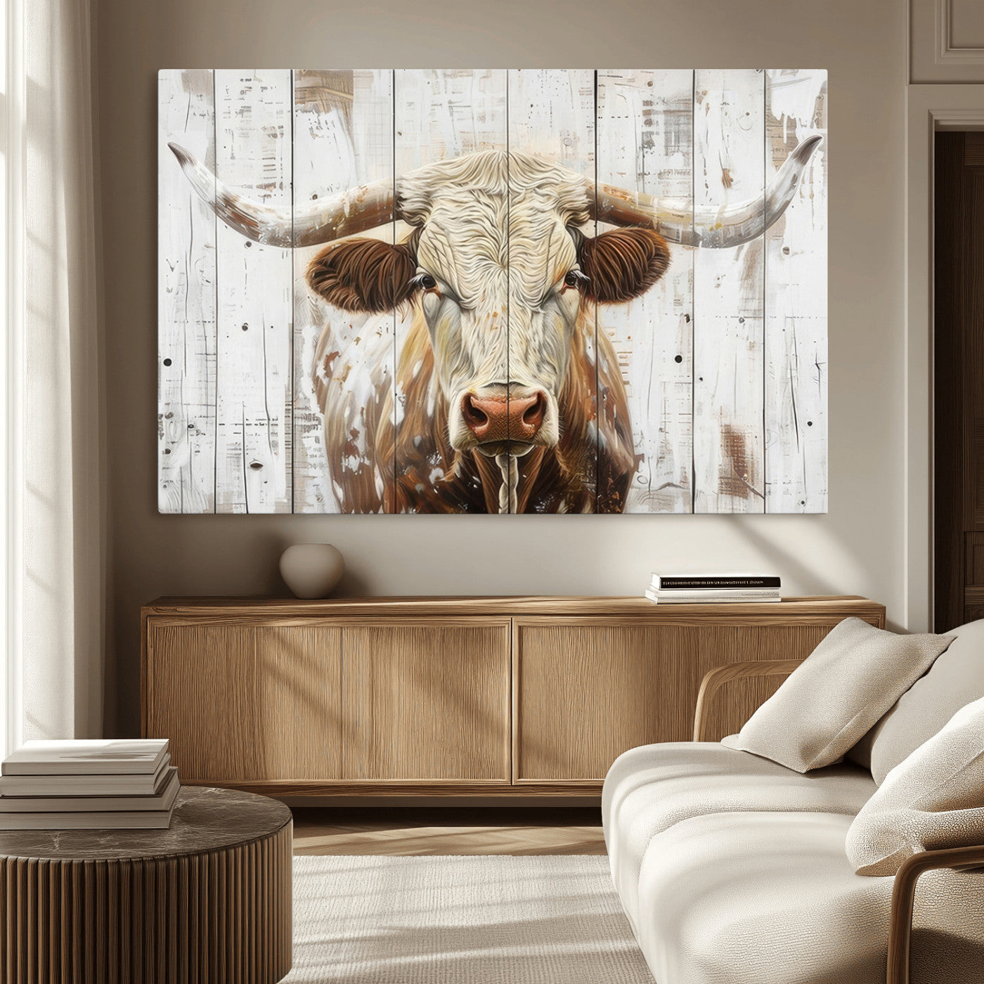 -Rustic Longhorn Bull Wall Art Canvas Set – Western-Inspired Farmhouse Décor - Ready to Hang