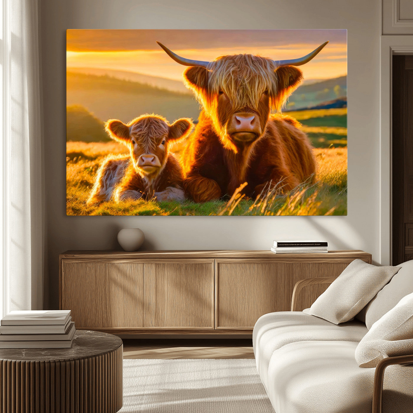-Scottish Cow and Baby Cow Canvas Wall Art Animal Print Fluffy Cattle Framed Farmhouse Decor