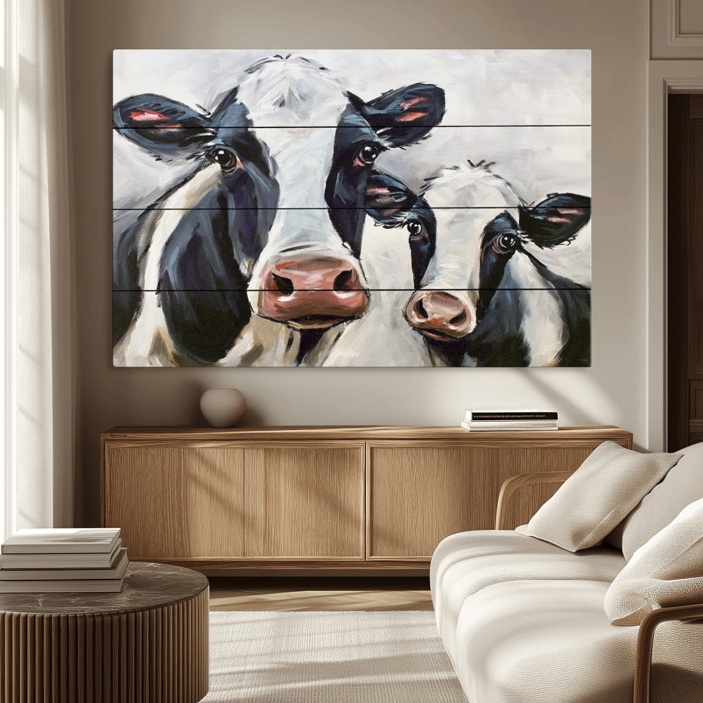 -Vintage Baby and Mom Cattle Wall Art Canvas Print