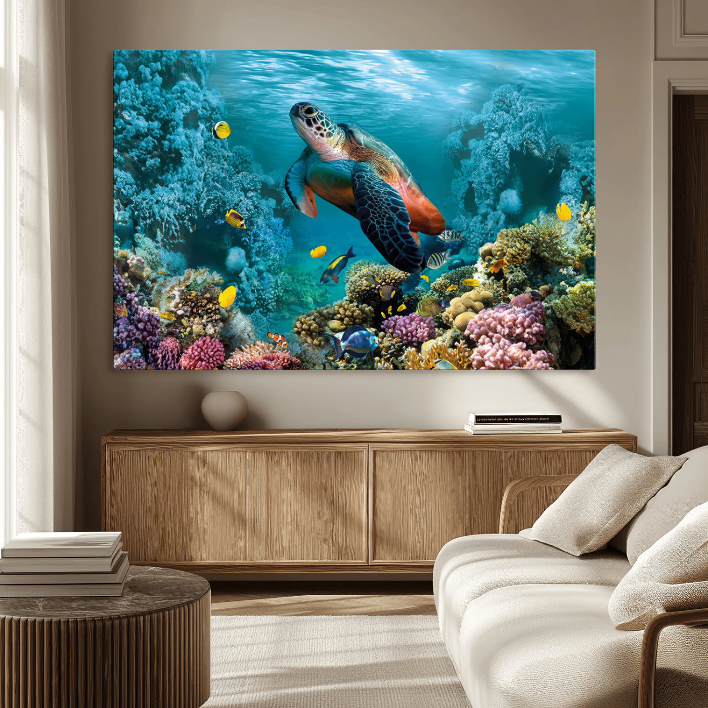 MGV-CV-36X24 - Sea Turtle and Coral Reef Triptych Wall Art – Vibrant Underwater Scene Canvas Set for Ocean Lovers and Coastal Decor – Ready to Hang 3-Panel Artwork