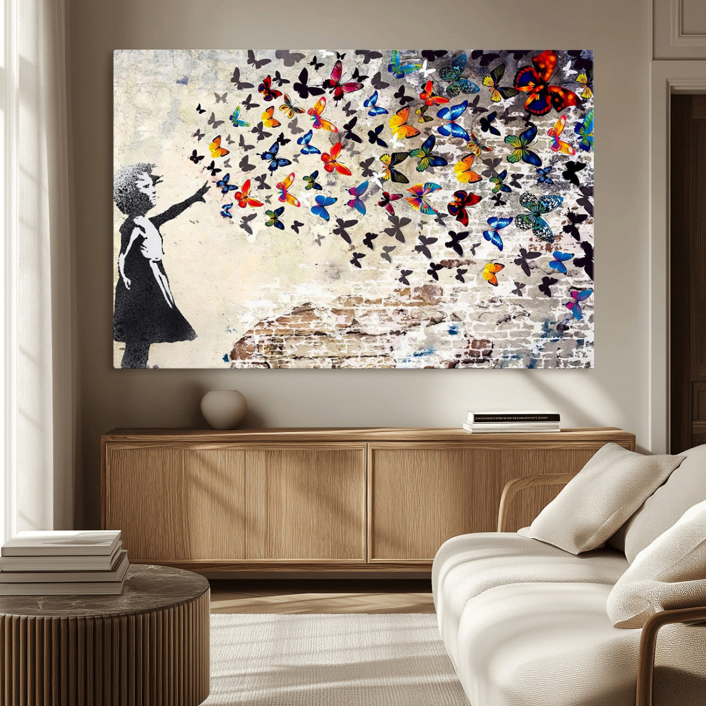 MGV-CV-36X24 - Banksy Graffiti Wall Art Canvas Print: Girl Releasing Vibrant Butterflies – Ready to Hang