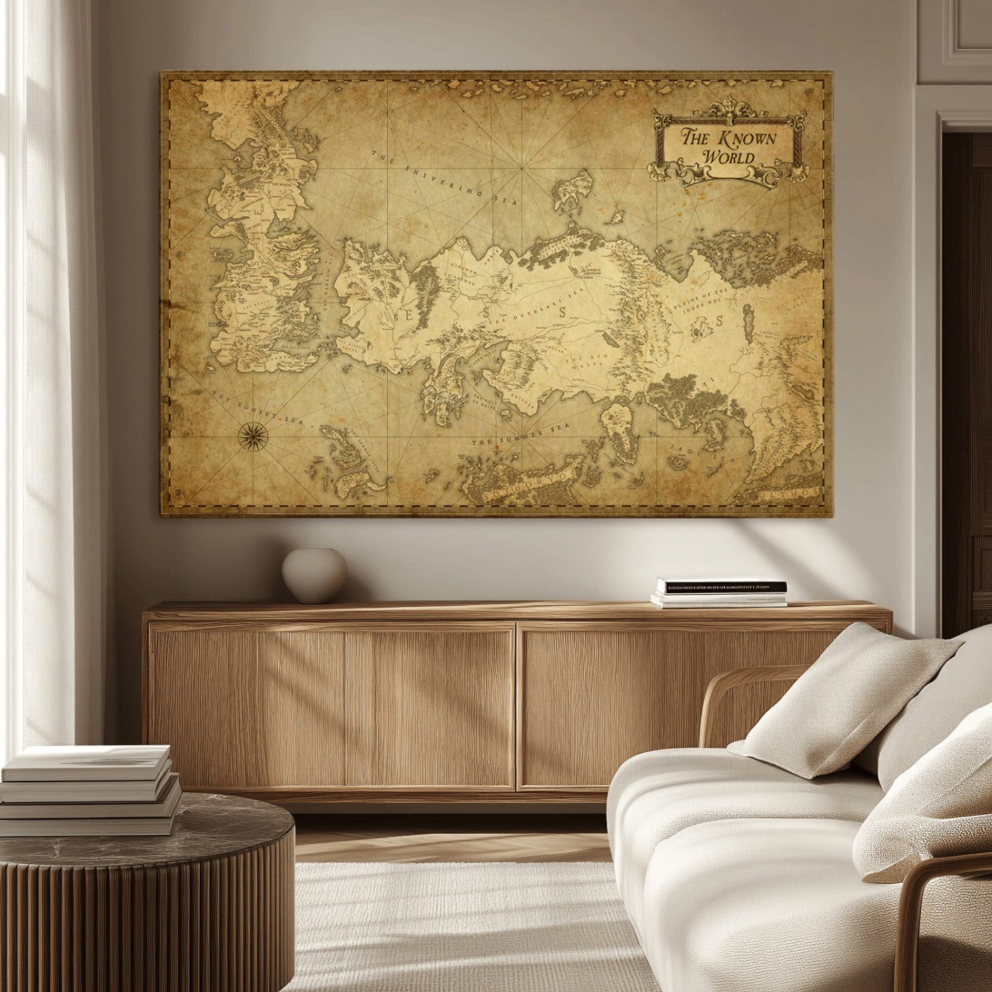 MGV-CV-36X24 - Vintage Game of Thrones Map Wall Art | Westeros and Essos Antique Style Print | The Known World in