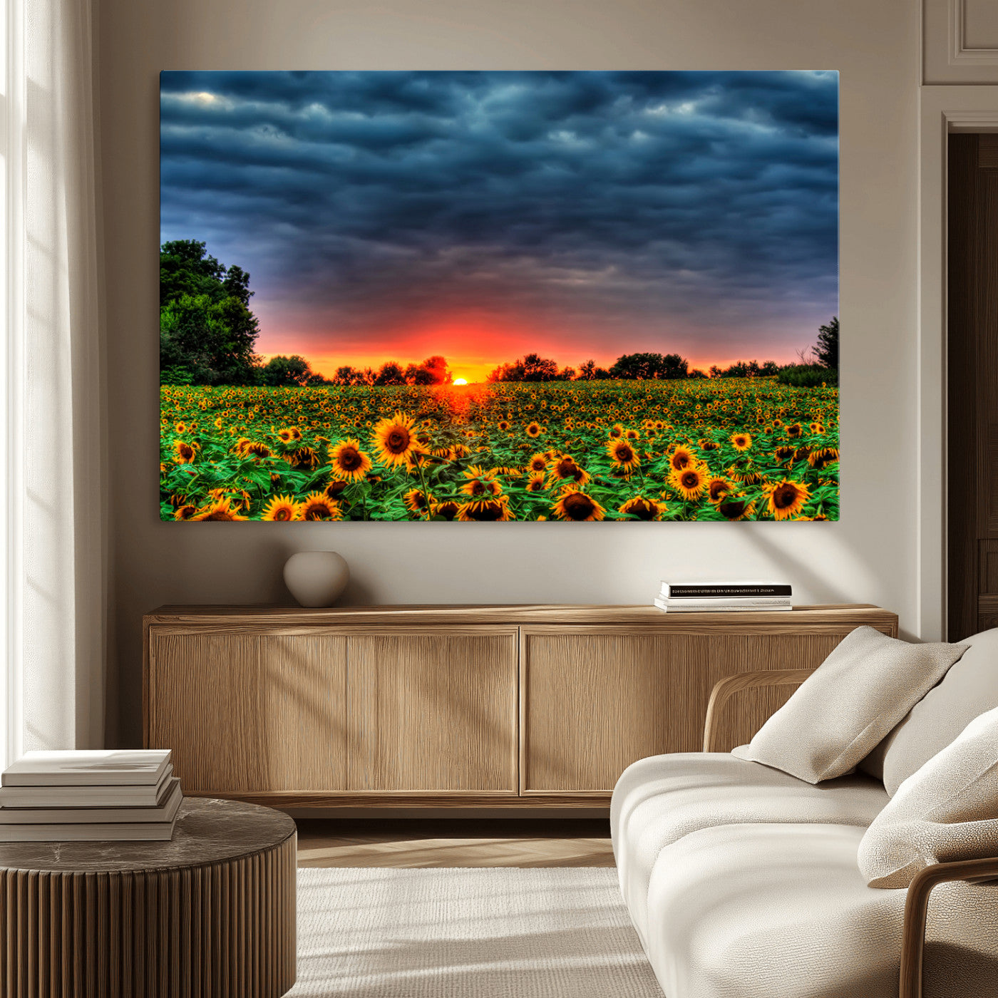 -Golden Sunflower Field at Sunset – Breathtaking Sky and Vibrant Flowers, Ready to Hang Wall Art