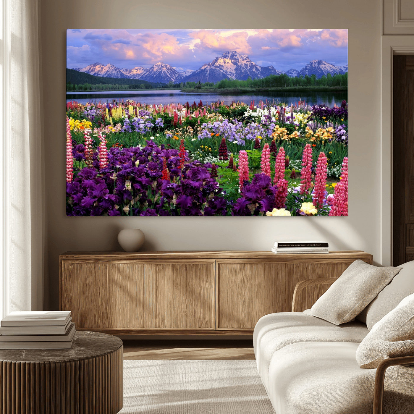 MGV-CV-36X24 - Wildflower Canvas Print – Blooming Floral Meadows with Majestic Mountain Backdrop, Ready to Hang