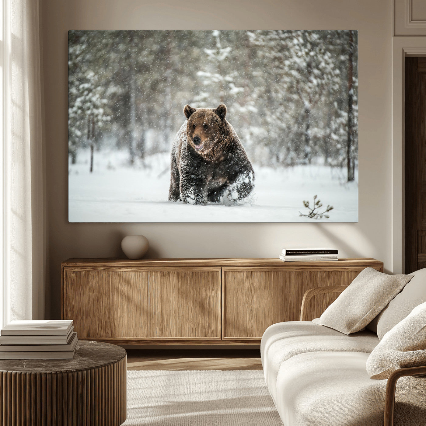 MGV-CV-36X24 - Wall Art Canvas Print – Grizzly Bear in Snowy Forest Powerful Presence Snowy Wilderness Wild Beauty