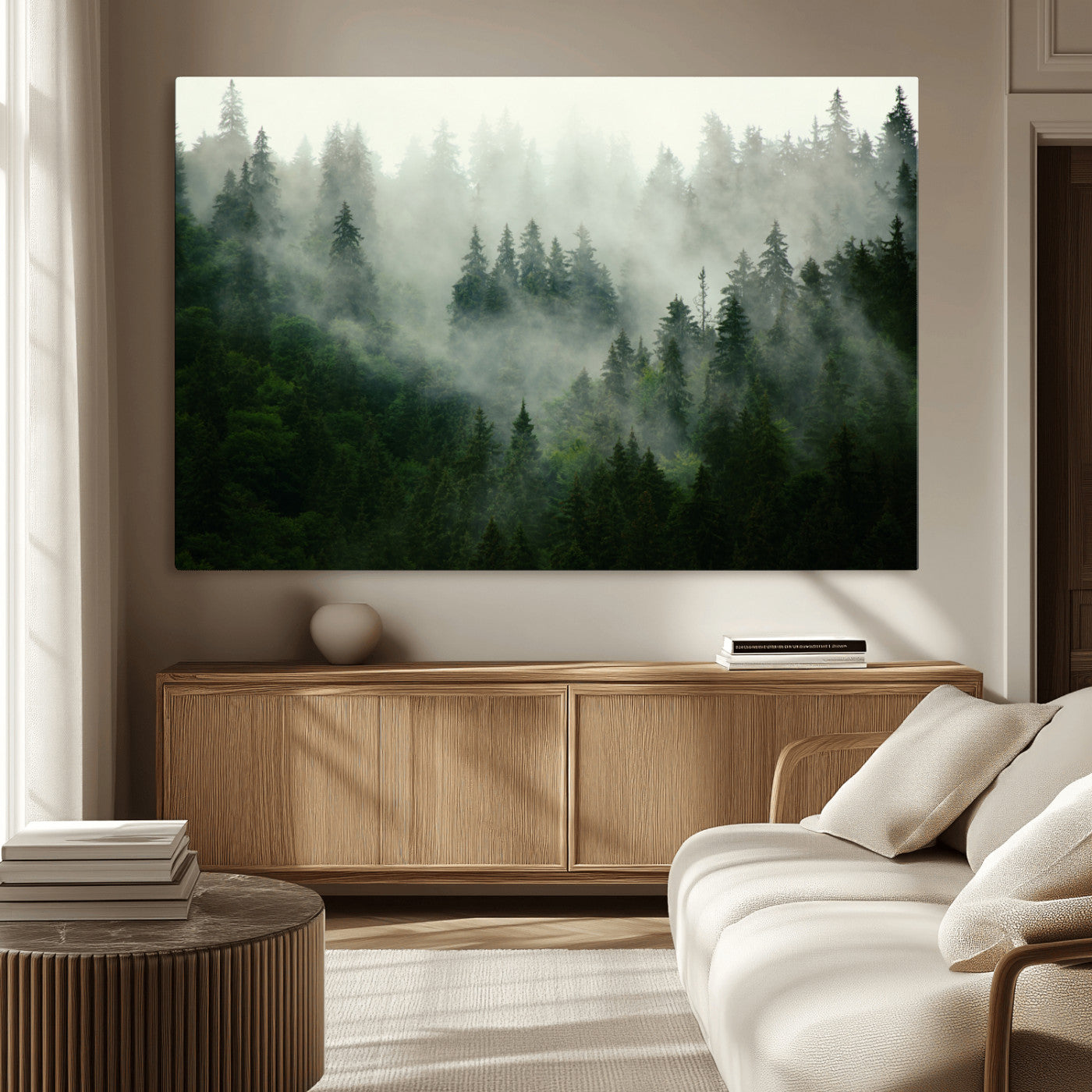 MGV-CV-36X24 - Misty Forest Wall Art Canvas Print - Foggy Forest Landscape Canvas Wall Art – Serene Triptych Nature