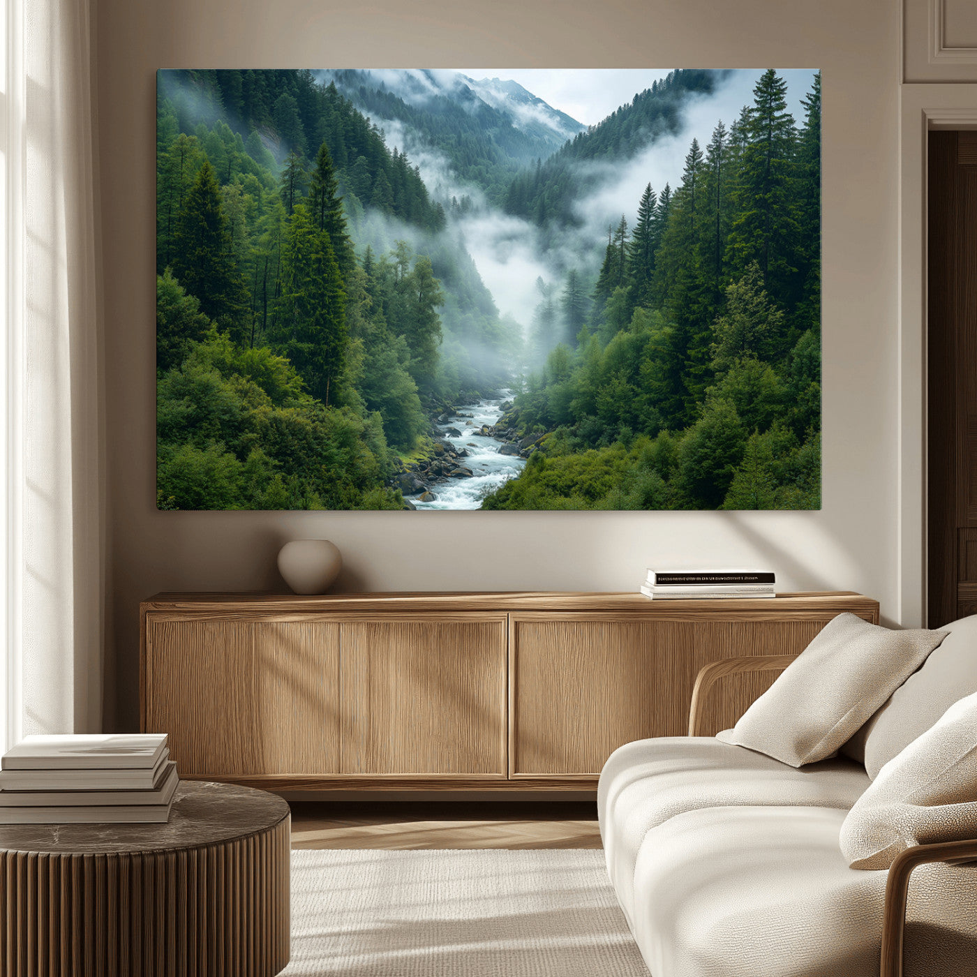 MGV-CV-36X24 - Mountain Forest River Canvas Wall Art Print - Serene Nature Landscape for Living Room, Office, or